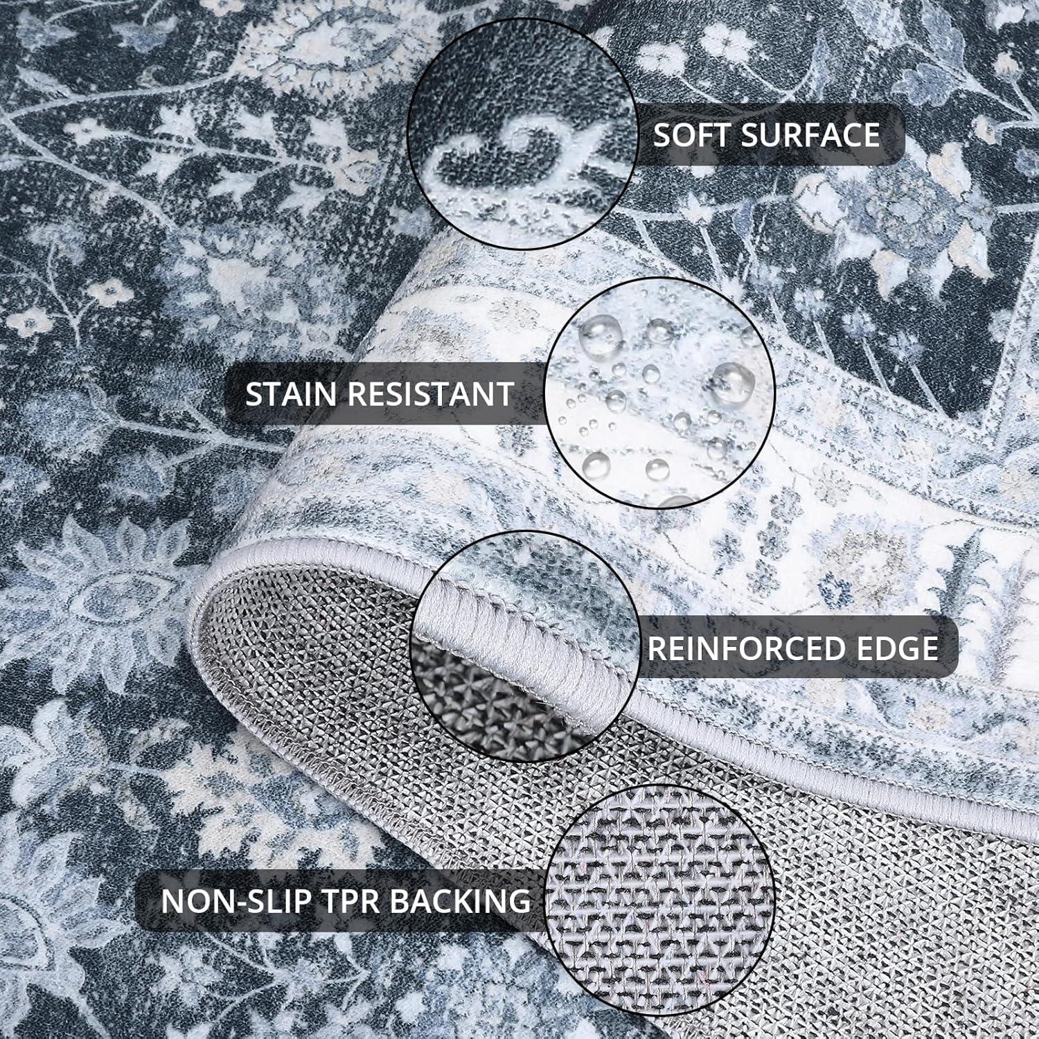 image:imageGarvee 6x9 Soft Washable Area Rug Vintage Floral Area Rug Low Pile Thin Floor Carpet Non Shedding Non Slip Rug Distressed Oriental Rug for Living Room Bedroom BlueBlack Tone
