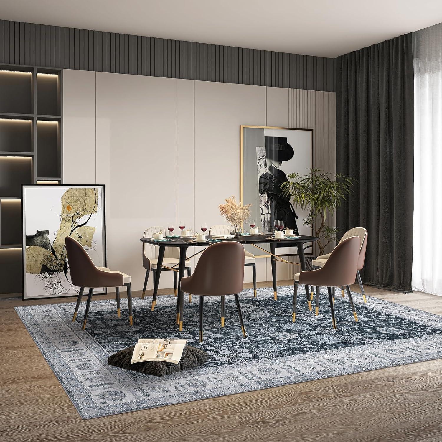 image:imageGarvee 6x9 Soft Washable Area Rug Vintage Floral Area Rug Low Pile Thin Floor Carpet Non Shedding Non Slip Rug Distressed Oriental Rug for Living Room Bedroom BlueBlack Tone