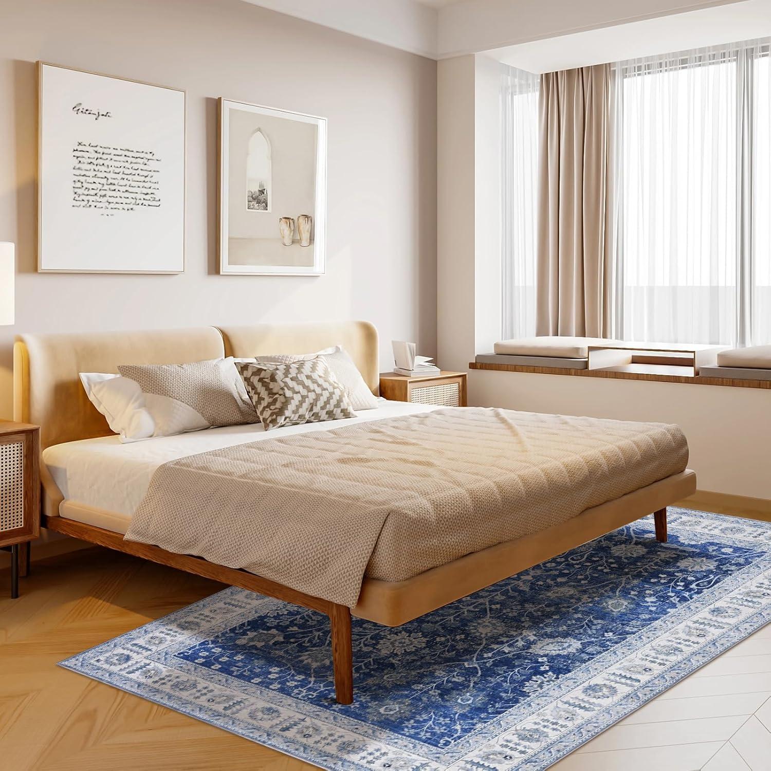 image:imageGarvee 6x9 Soft Washable Area Rug Vintage Floral Area Rug Low Pile Thin Floor Carpet Non Shedding Non Slip Rug Distressed Oriental Rug for Living Room Bedroom BlueBlue Tone
