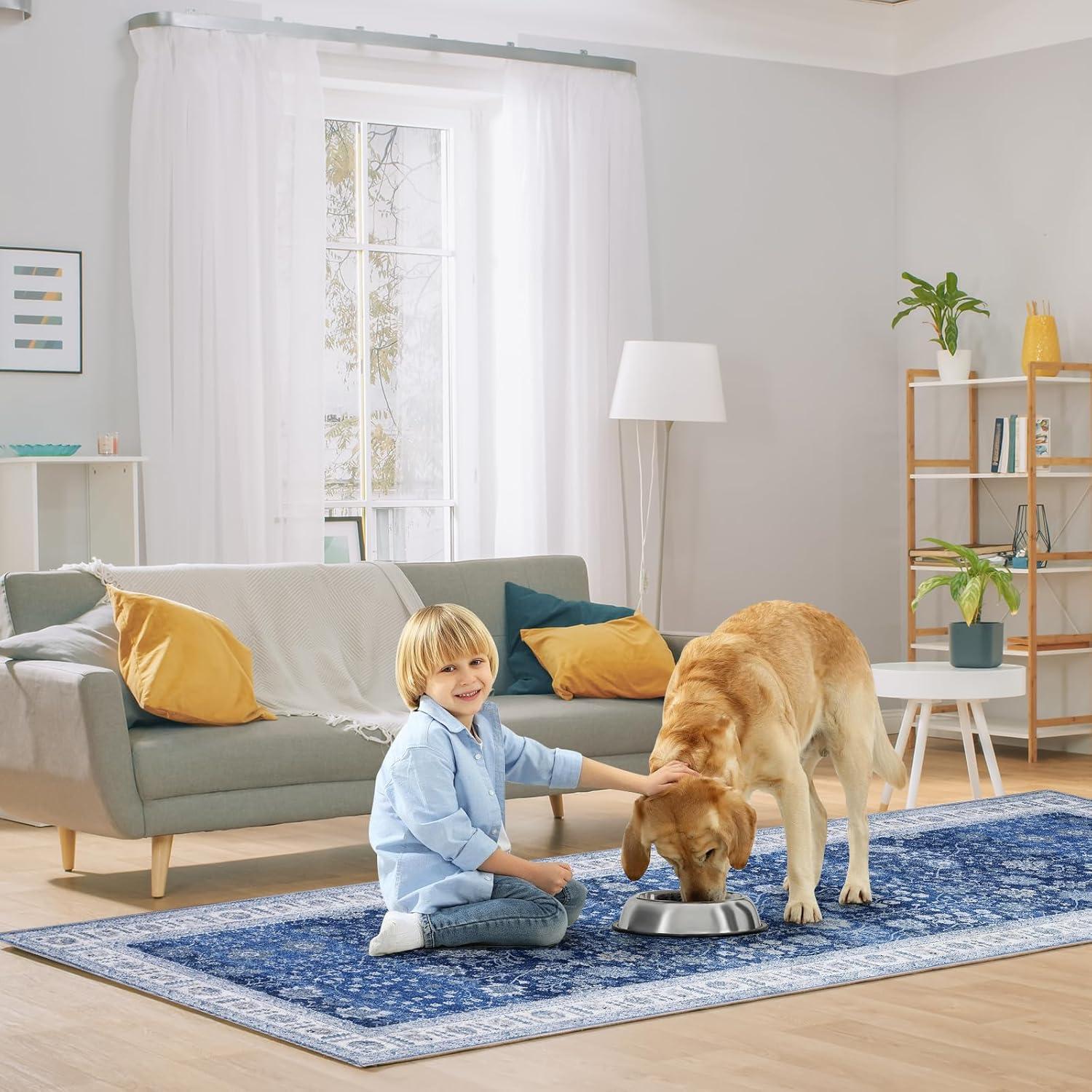 image:imageGarvee 6x9 Soft Washable Area Rug Vintage Floral Area Rug Low Pile Thin Floor Carpet Non Shedding Non Slip Rug Distressed Oriental Rug for Living Room Bedroom BlueBlue Tone