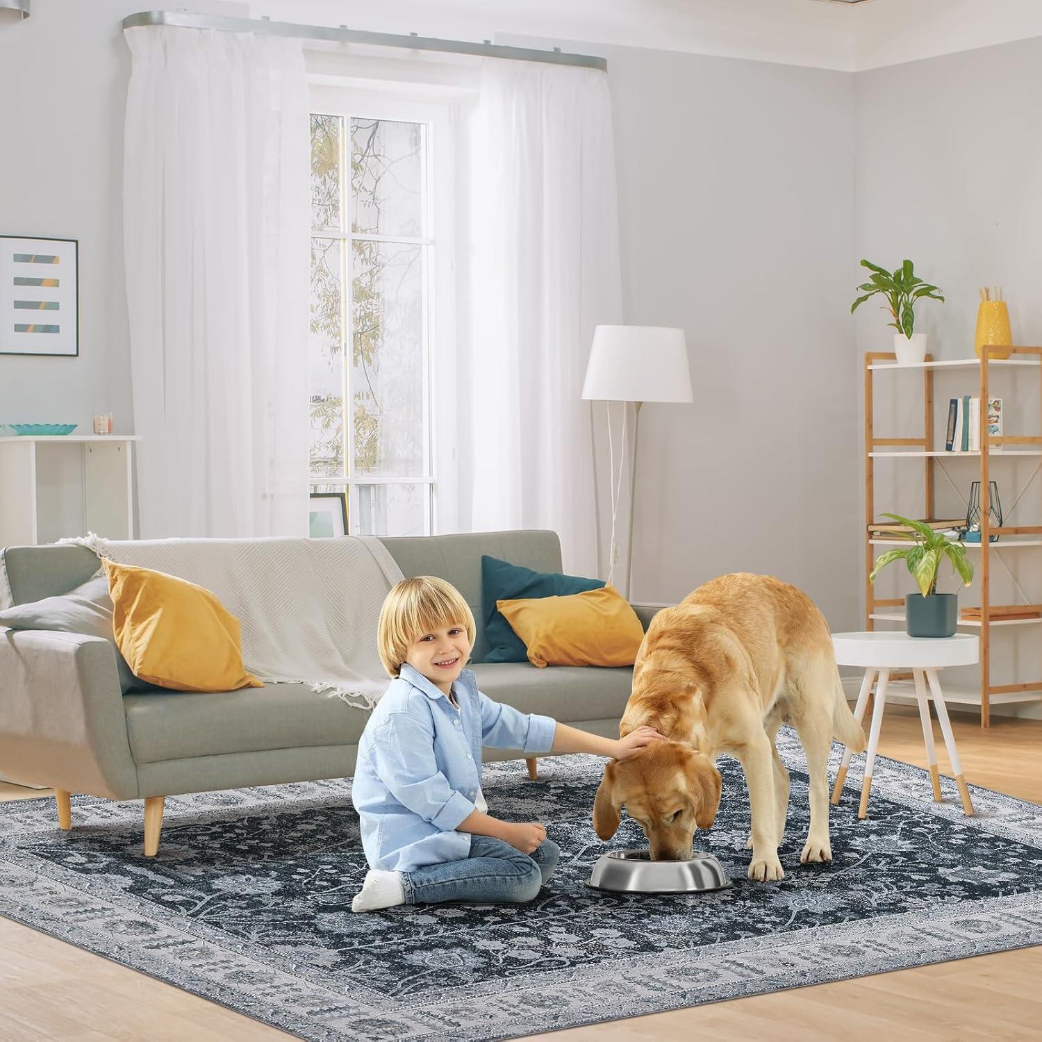 image:imageGarvee 6x9 Soft Washable Area Rug Vintage Floral Area Rug Low Pile Thin Floor Carpet Non Shedding Non Slip Rug Distressed Oriental Rug for Living Room Bedroom BlueBlack Tone