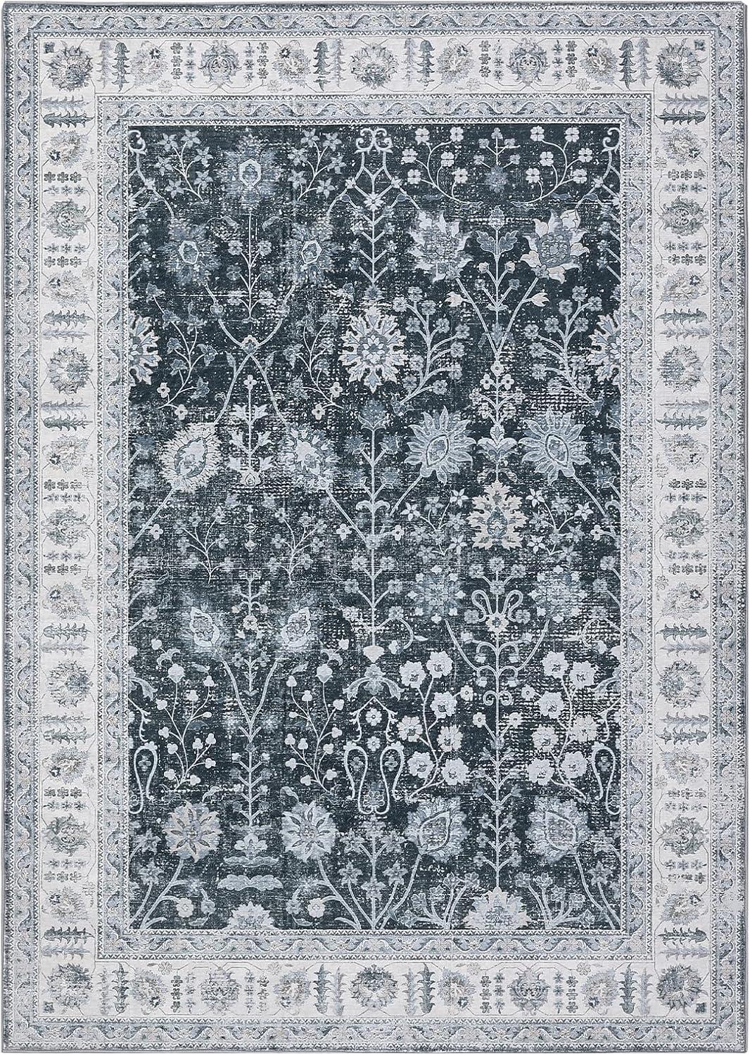 image:imageGarvee 6x9 Soft Washable Area Rug Vintage Floral Area Rug Low Pile Thin Floor Carpet Non Shedding Non Slip Rug Distressed Oriental Rug for Living Room Bedroom BlueBlack Tone