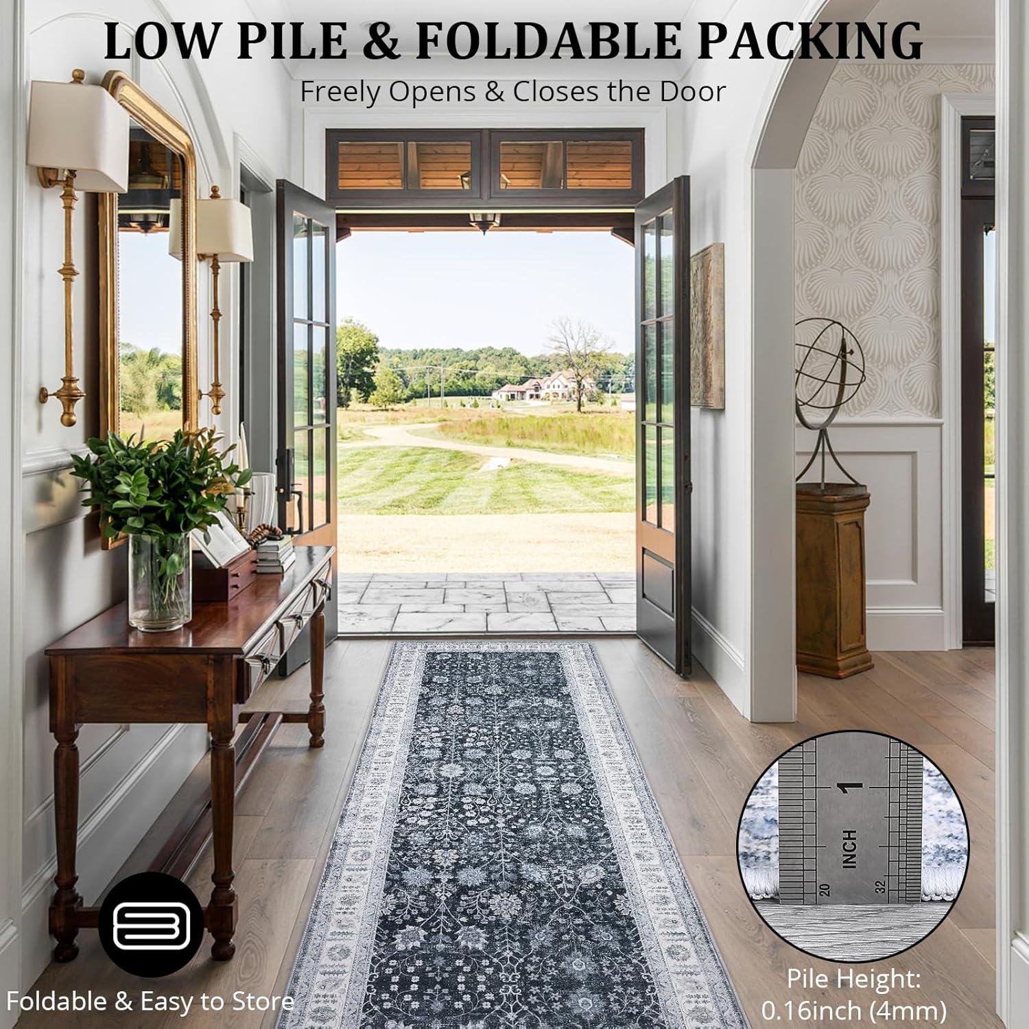 image:imageGarvee 6x9 Soft Washable Area Rug Vintage Floral Area Rug Low Pile Thin Floor Carpet Non Shedding Non Slip Rug Distressed Oriental Rug for Living Room Bedroom BlueBlack Tone