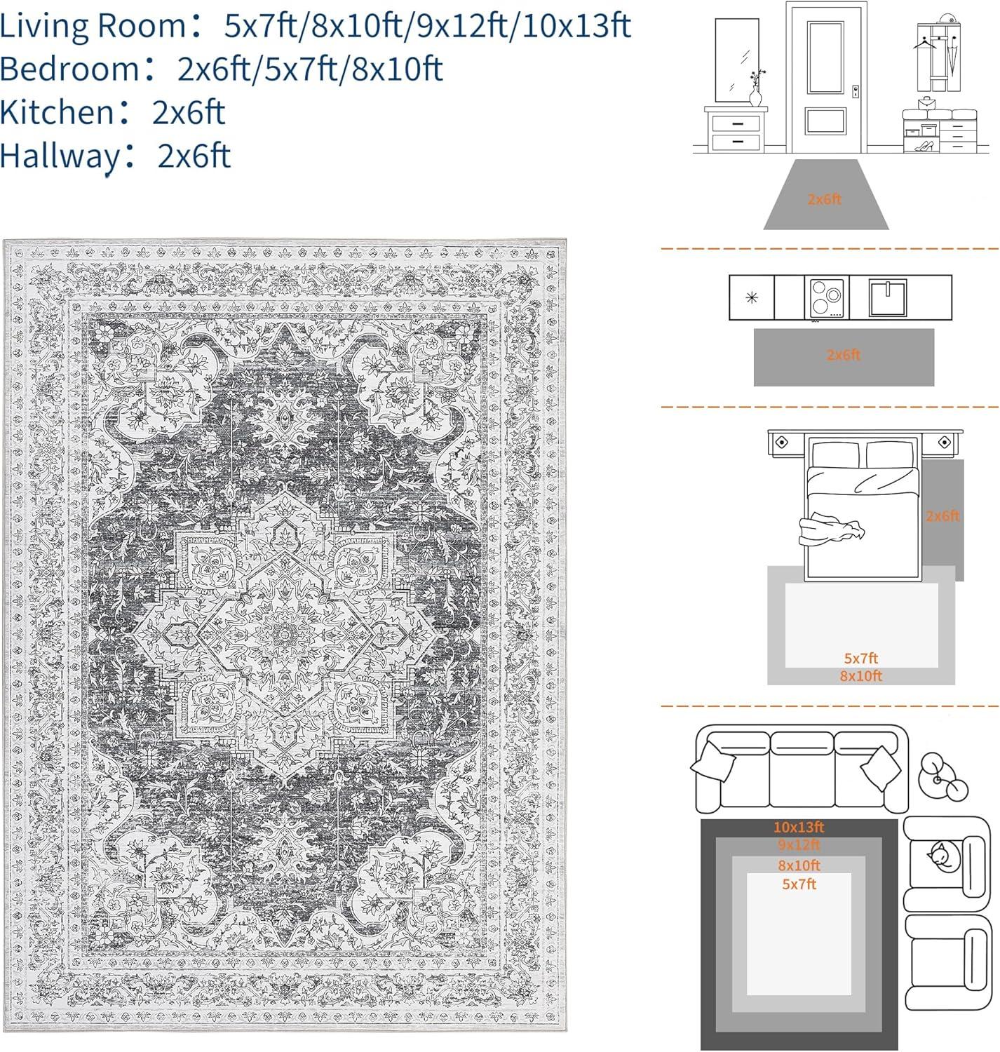 image:imageGarvee Boho Area Rug for Living Room 5x7 Washable Low Pile Rug with NonSlip Backing Vintage Floral Rugs for Living Room Bedroom Dining Room Light BlueGrey