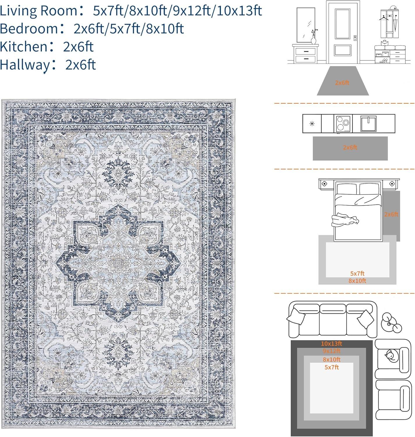 image:imageGarvee Boho Area Rug for Living Room 5x7 Washable Low Pile Rug with NonSlip Backing Vintage Floral Rugs for Living Room Bedroom Dining Room Light BlueLight Blue