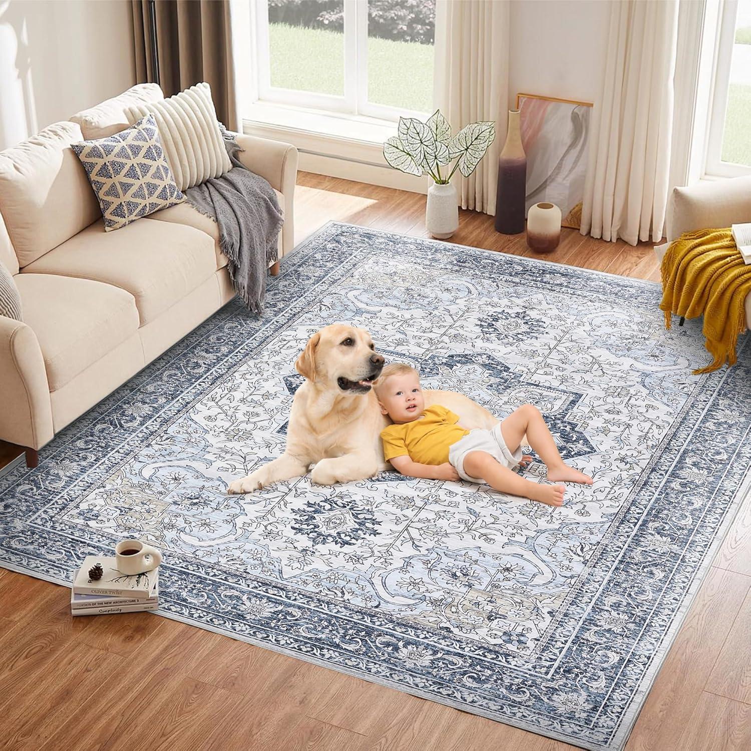 image:imageGarvee Boho Area Rug for Living Room 5x7 Washable Low Pile Rug with NonSlip Backing Vintage Floral Rugs for Living Room Bedroom Dining Room Light BlueLight Blue
