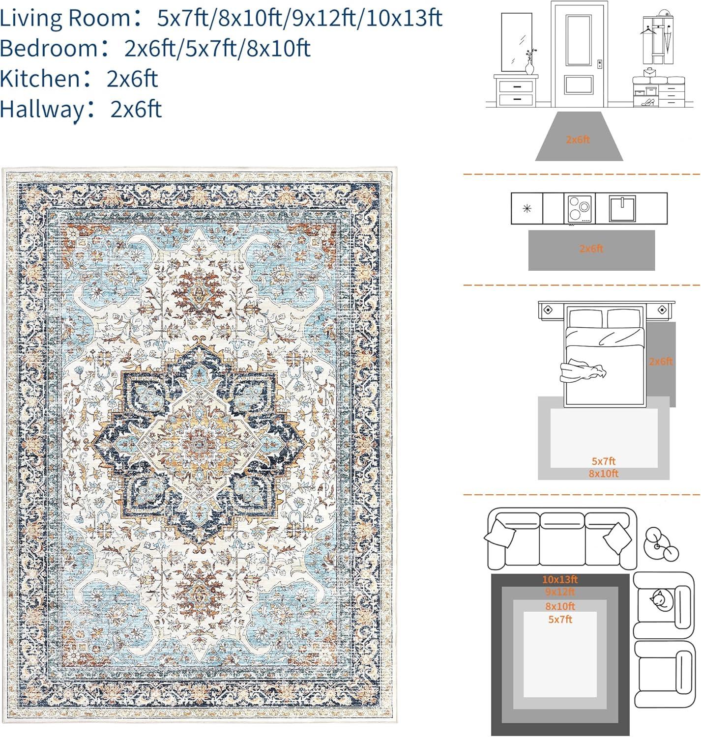 image:imageGarvee Boho Area Rug for Living Room 5x7 Washable Low Pile Rug with NonSlip Backing Vintage Floral Rugs for Living Room Bedroom Dining Room Light BlueBlue