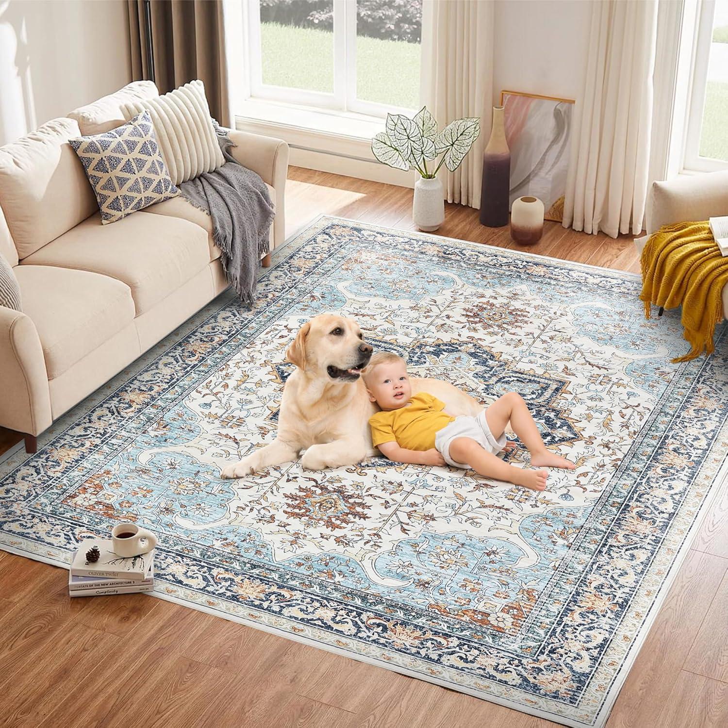 image:imageGarvee Boho Area Rug for Living Room 5x7 Washable Low Pile Rug with NonSlip Backing Vintage Floral Rugs for Living Room Bedroom Dining Room Light BlueBlue