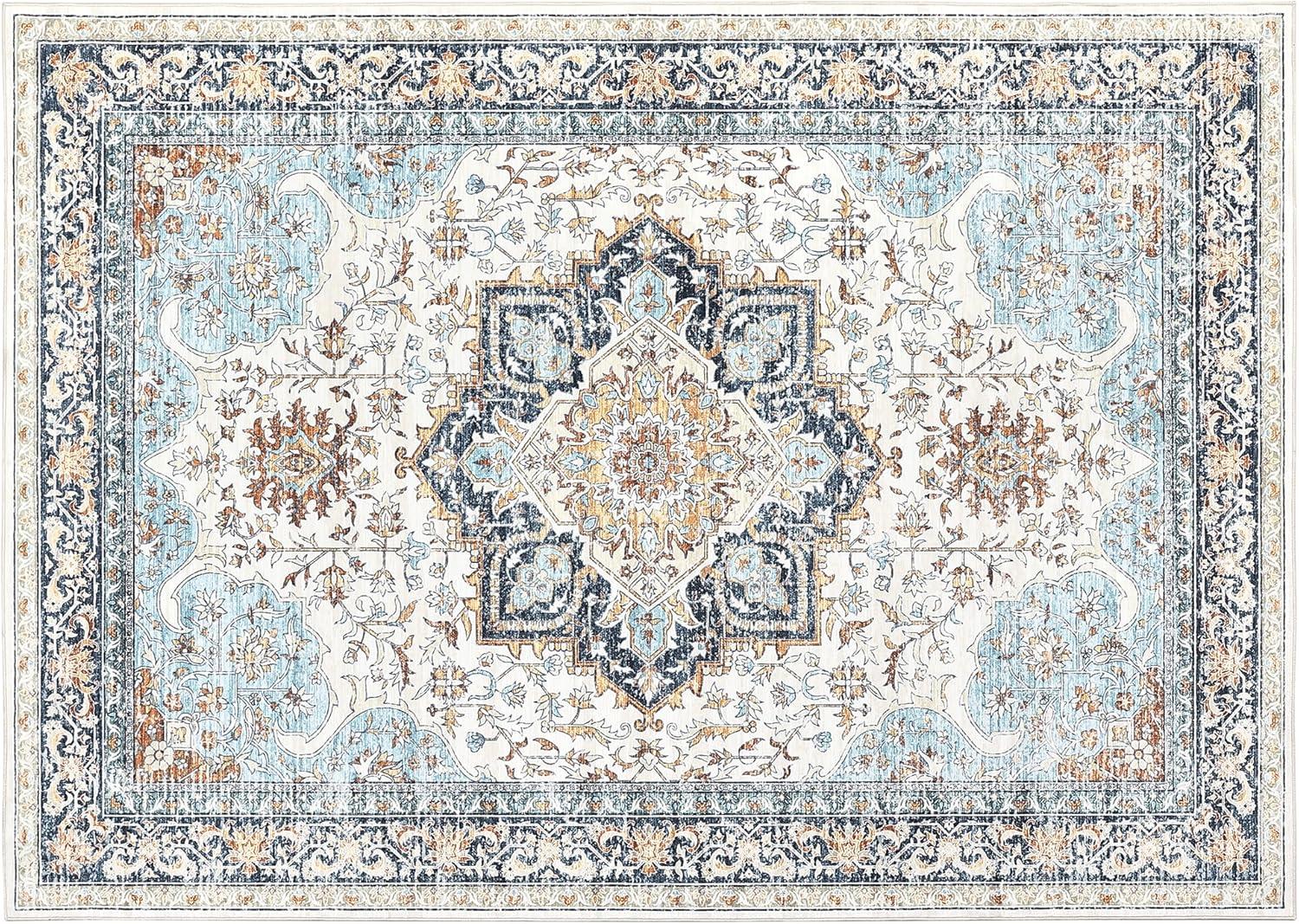 image:imageGarvee Boho Area Rug for Living Room 5x7 Washable Low Pile Rug with NonSlip Backing Vintage Floral Rugs for Living Room Bedroom Dining Room Light BlueBlue