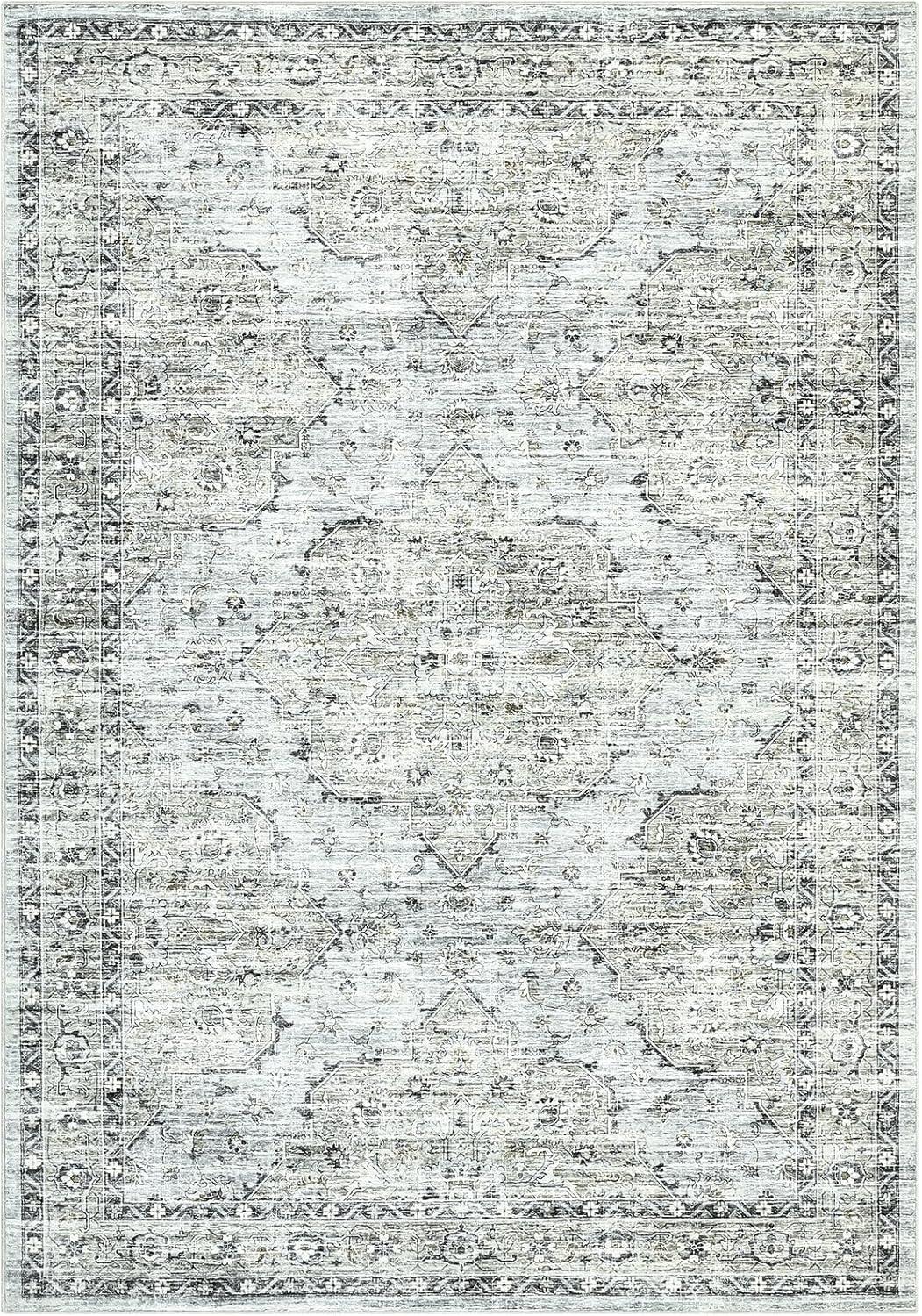 image:imageGarvee Washable Area Rug 10x13 Boho Vintage Distressed Rug NonSlip Living Room Rugs LowPile Solid Carpet Soft NonShedding Indoor Floor Carpet for Bedroom Farmhouse Classroom PlayroomBlue Brown