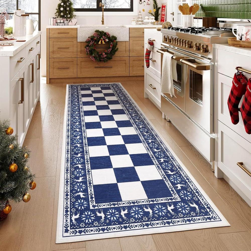 image:imageGarvee 2x6 Runner Rug Checkered Christmas Rugs for Holiday Decor Non Slip Low Pile Washable Rug for Kitchen Entryway Living Room Bedroom RedBlue and White