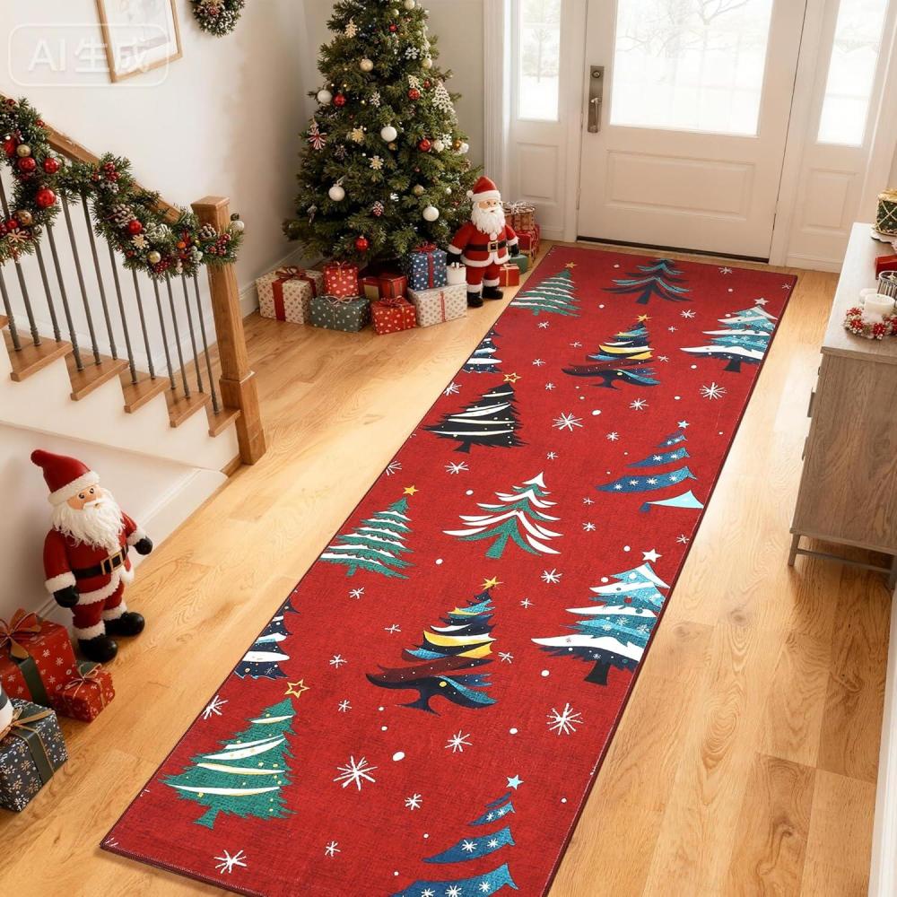 image:imageGarvee 2x6 Runner Rug Checkered Christmas Rugs for Holiday Decor Non Slip Low Pile Washable Rug for Kitchen Entryway Living Room Bedroom RedRed Xmas Tree