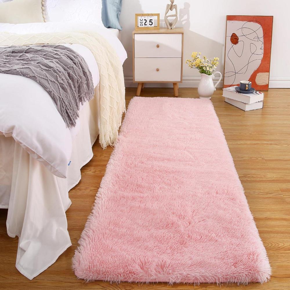 image:imageGarvee 2x6 Runner Rug for Hallway NonSlip Stain Resistant Fluffy Nursery Rug Ultra Soft Shag Solid Color Indoor Floor Carpet for Bedroom Bedside Kids Room Girls Room Home Decor Pink