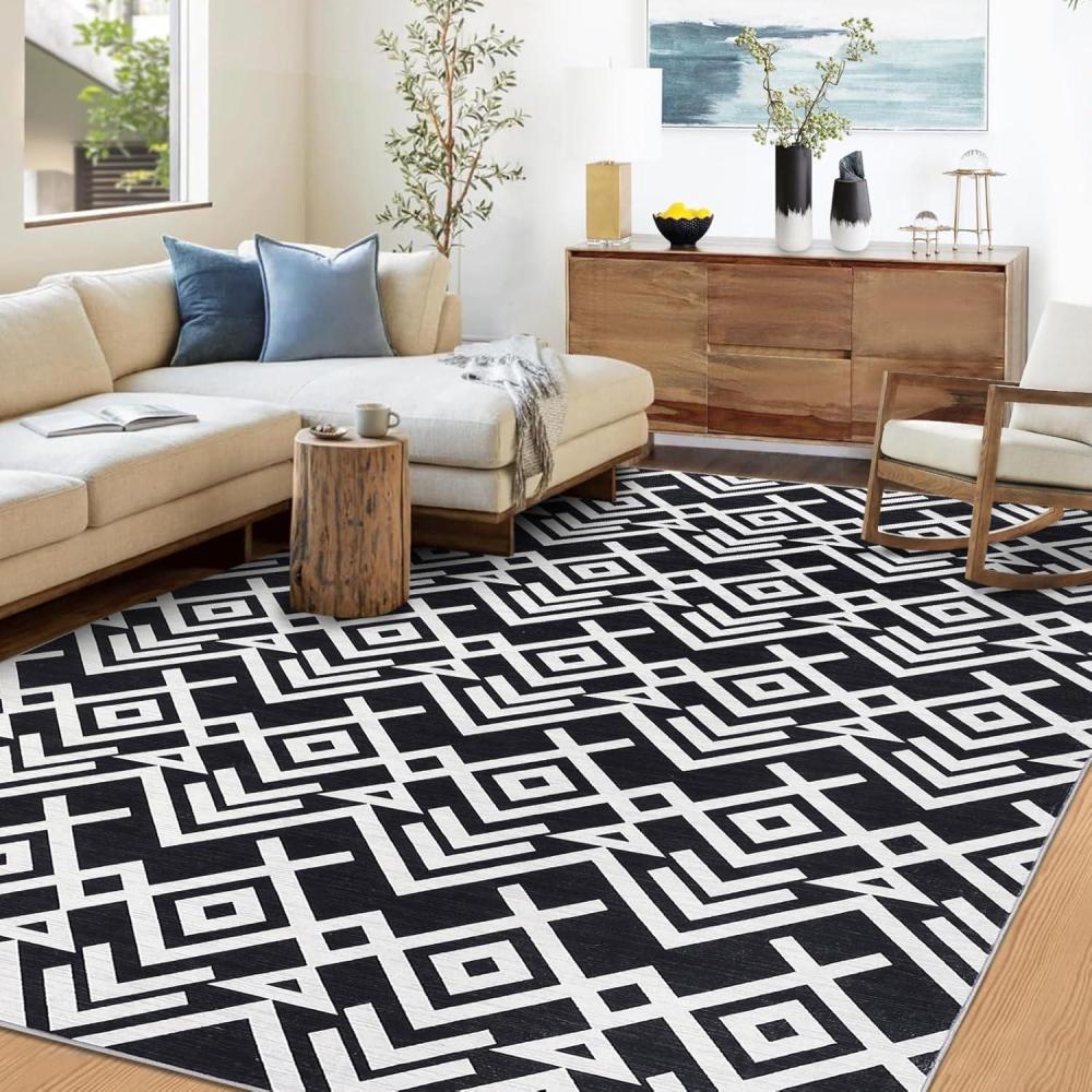 image:imageGarvee 5x7 ft Geometric Area Rugs Modern Washable Rugs for Living Room UltraThin Low Pile Large Carpet for Bedroom Stain Resistant Non Slip Indoor Floor Mat for Dining RoomKitchenNurseryBlueBlack