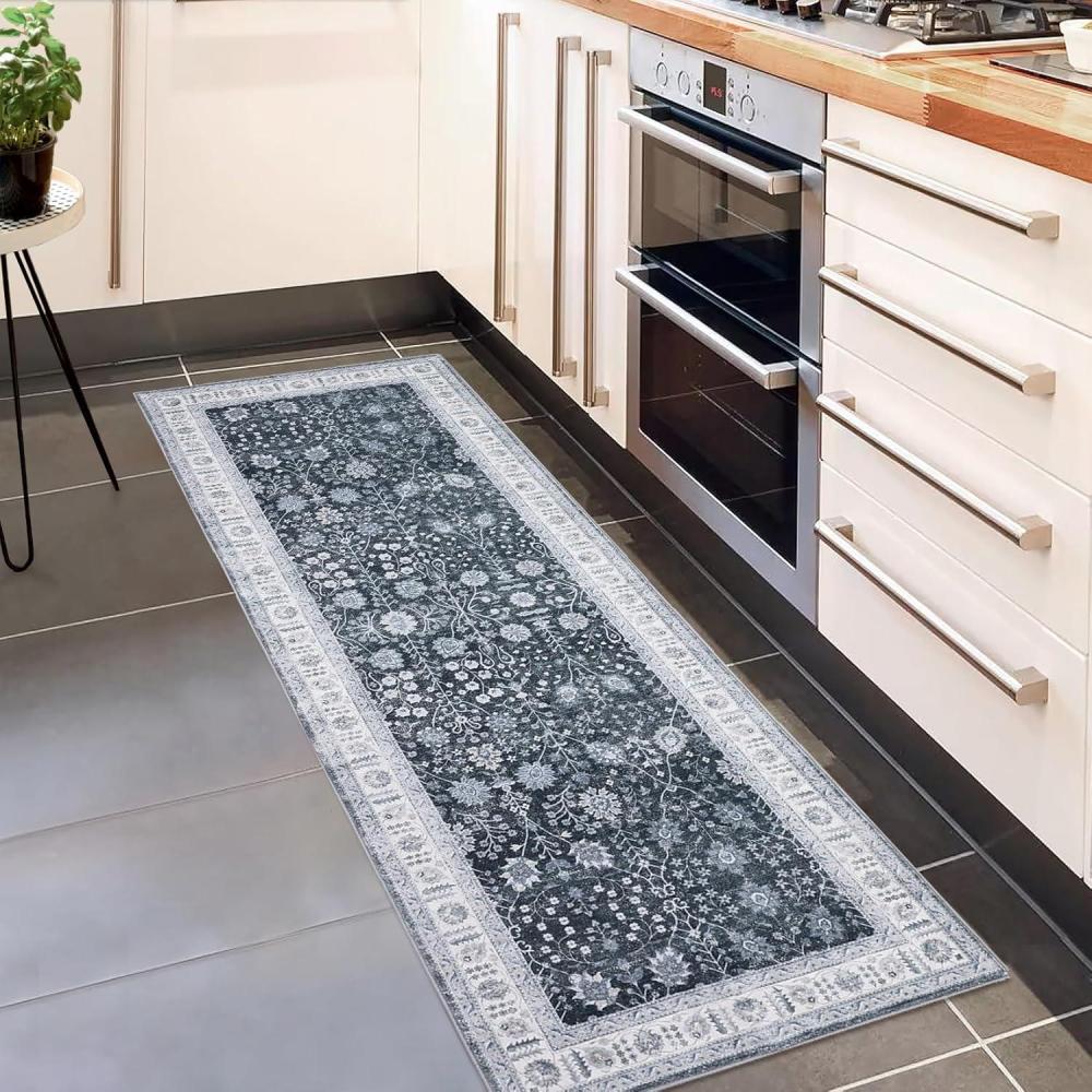 image:imageGarvee 6x9 Soft Washable Area Rug Vintage Floral Area Rug Low Pile Thin Floor Carpet Non Shedding Non Slip Rug Distressed Oriental Rug for Living Room Bedroom BlueBlack Tone