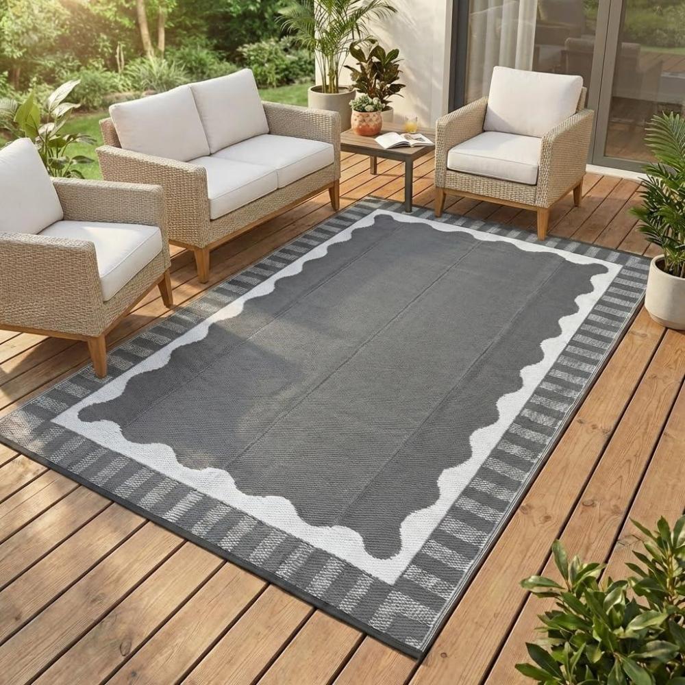 image:imageGarvee 8x10 Outdoor Rug Waterproof Camping Rugs for Outside Your RV Abstract Plastic Straw Rug with Portable Bag Reversible UV Resistant Mats for Picnic Backyard Porch Camper Black CoffeeBorderedgrey