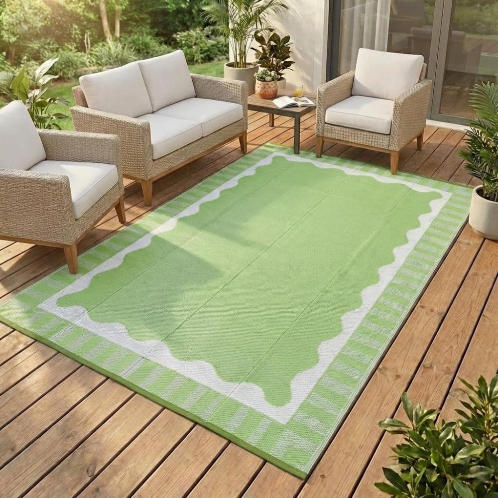 image:imageGarvee 8x10 Outdoor Rug Waterproof Camping Rugs for Outside Your RV Abstract Plastic Straw Rug with Portable Bag Reversible UV Resistant Mats for Picnic Backyard Porch Camper Black CoffeeBorderedlight Green
