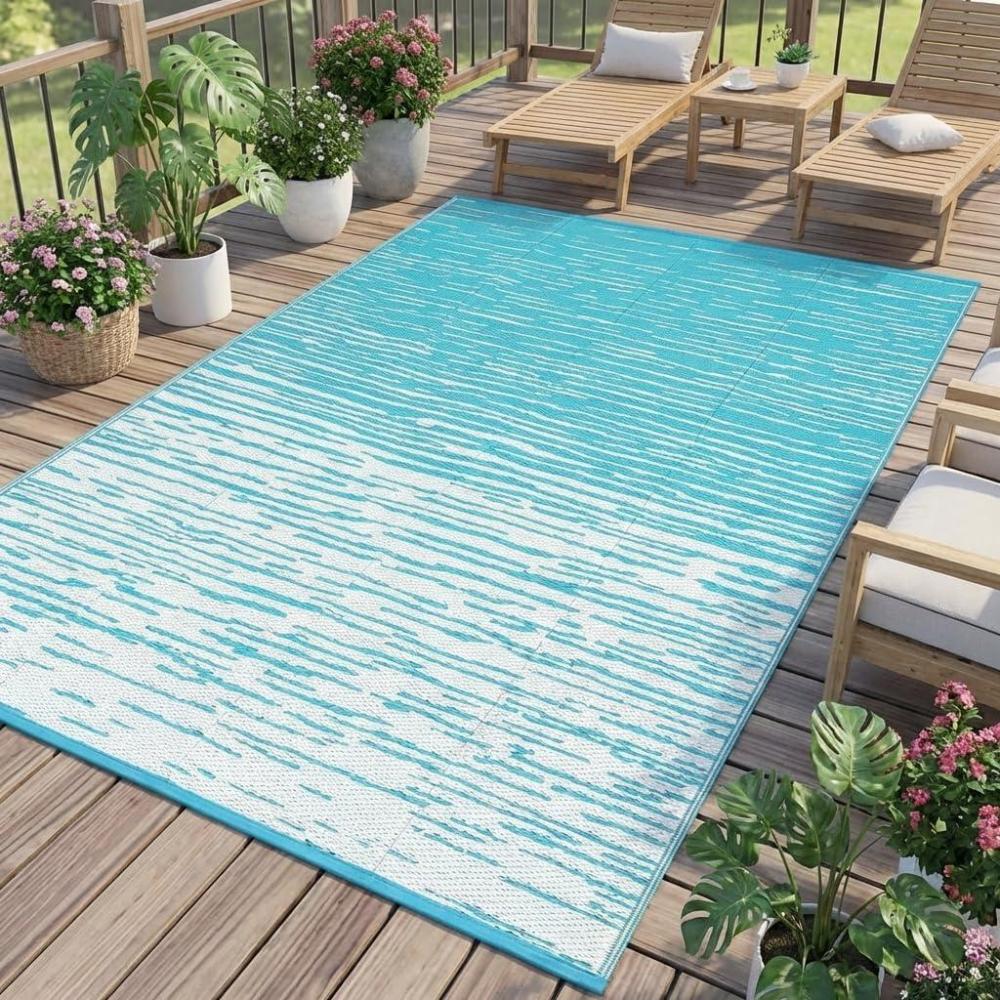 image:imageGarvee 8x10 Outdoor Rug Waterproof Camping Rugs for Outside Your RV Abstract Plastic Straw Rug with Portable Bag Reversible UV Resistant Mats for Picnic Backyard Porch Camper Black CoffeeStripedlight Blue