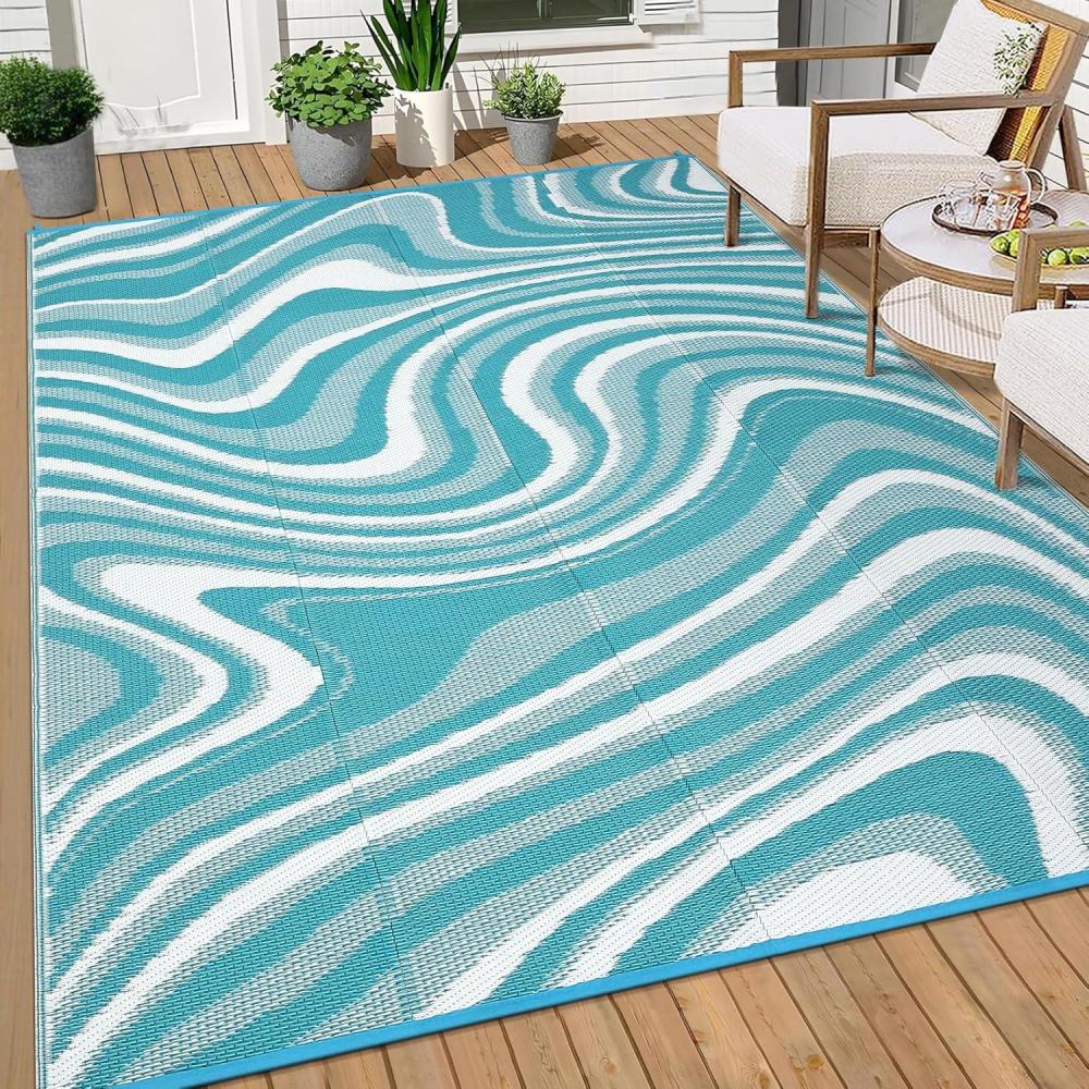 image:imageGarvee 8x10 Outdoor Rug Waterproof Camping Rugs for Outside Your RV Abstract Plastic Straw Rug with Portable Bag Reversible UV Resistant Mats for Picnic Backyard Porch Camper Black CoffeeModernlight BlueWhite