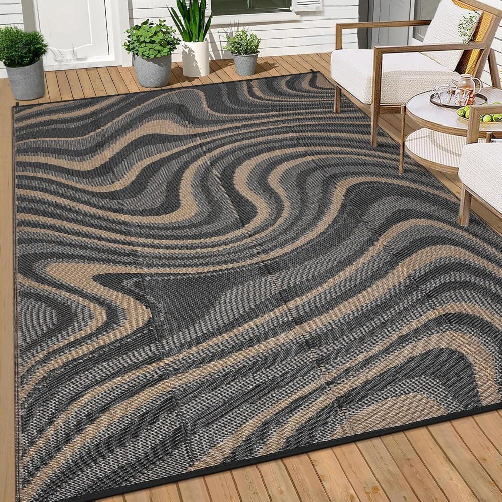 image:imageGarvee 8x10 Outdoor Rug Waterproof Camping Rugs for Outside Your RV Abstract Plastic Straw Rug with Portable Bag Reversible UV Resistant Mats for Picnic Backyard Porch Camper Black CoffeeModernblack Coffee