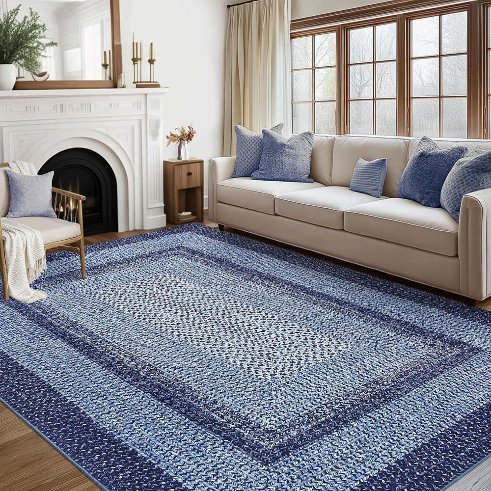 image:imageGarvee 9x12 Living Room Rug Large Washable Braided Rug Non Slip Accent Carpet Braided Print Carpet Indoor Rustic Area Rug Border Carpet for Bedroom Home Decor Navy