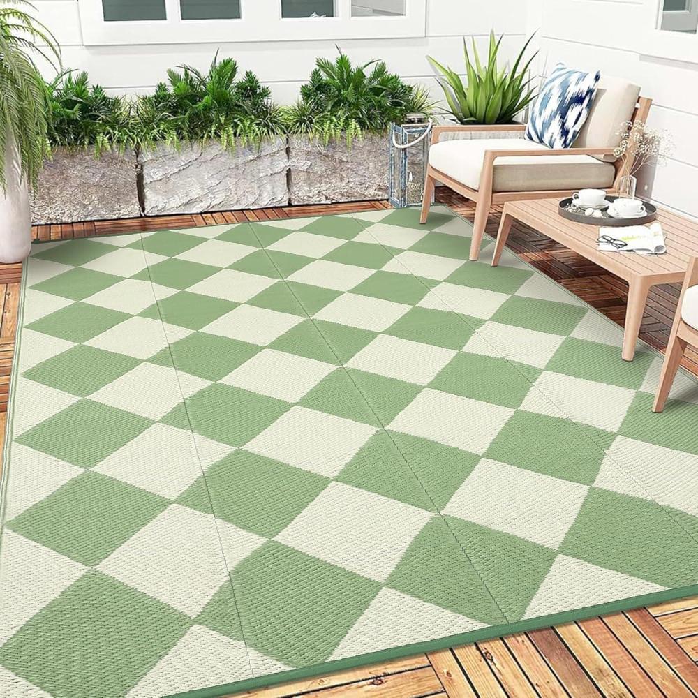 image:imageGarvee 9x12 Outdoor Rug for Patio Plastic Straw Rug Waterproof Reversible Mat Lightweight Foldable Carpet Easy Clean Large Rugs for Patio Porch Backyard Camping RV Beach Balcony Deck Panel Black BlueCheckered Green