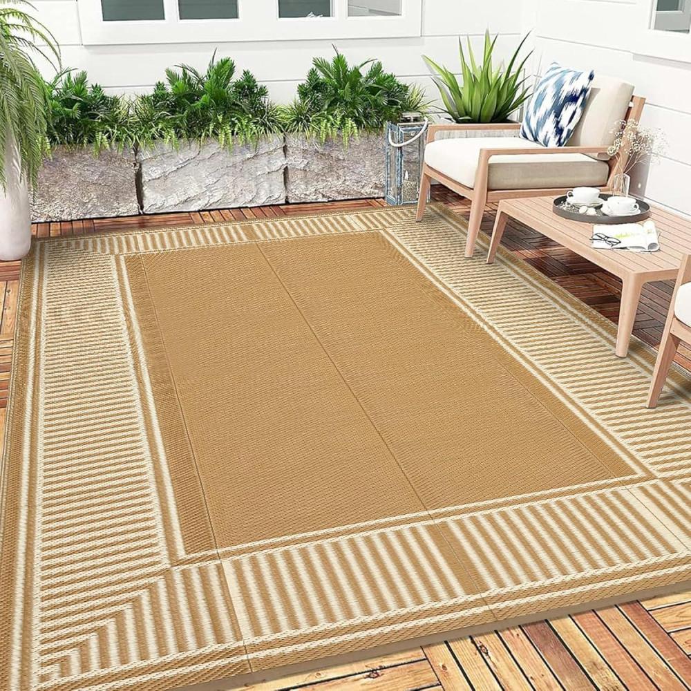image:imageGarvee 9x12 Outdoor Rug for Patio Plastic Straw Rug Waterproof Reversible Mat Lightweight Foldable Carpet Easy Clean Large Rugs for Patio Porch Backyard Camping RV Beach Balcony Deck Panel Black BlueBorder Beige