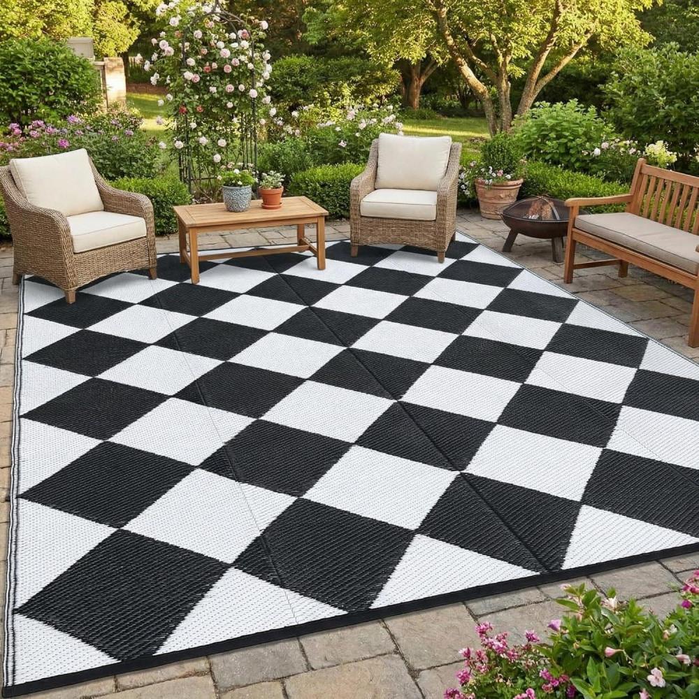 image:imageGarvee 9x12 Outdoor Rug for Patio Plastic Straw Rug Waterproof Reversible Mat Lightweight Foldable Carpet Easy Clean Large Rugs for Patio Porch Backyard Camping RV Beach Balcony Deck Panel Black BlueCheckered White