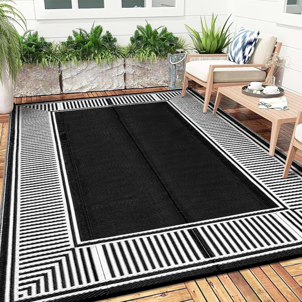 image:imageGarvee 9x12 Outdoor Rug for Patio Plastic Straw Rug Waterproof Reversible Mat Lightweight Foldable Carpet Easy Clean Large Rugs for Patio Porch Backyard Camping RV Beach Balcony Deck Panel Black BlueBorder Black