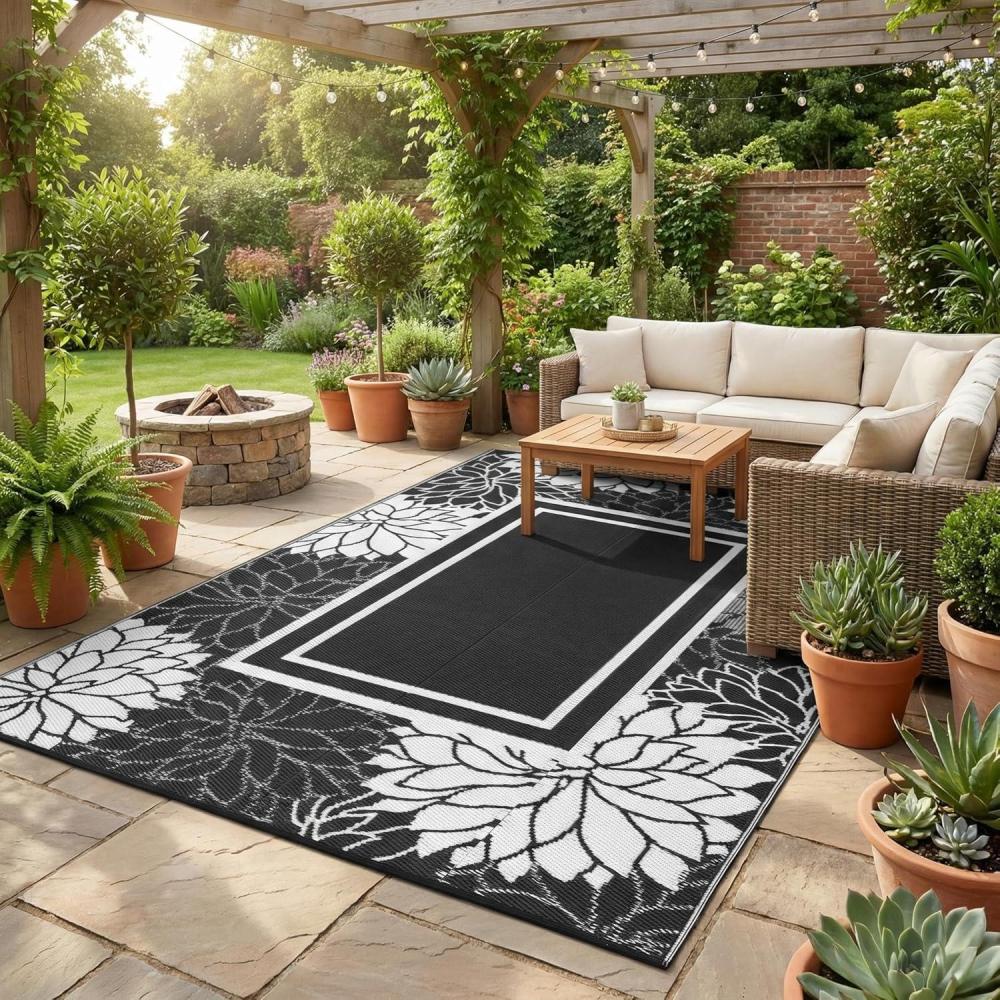 image:imageGarvee 9x12 Outdoor Rug for Patio Plastic Straw Rug Waterproof Reversible Mat Lightweight Foldable Carpet Easy Clean Large Rugs for Patio Porch Backyard Camping RV Beach Balcony Deck Panel Black BlueFloral White