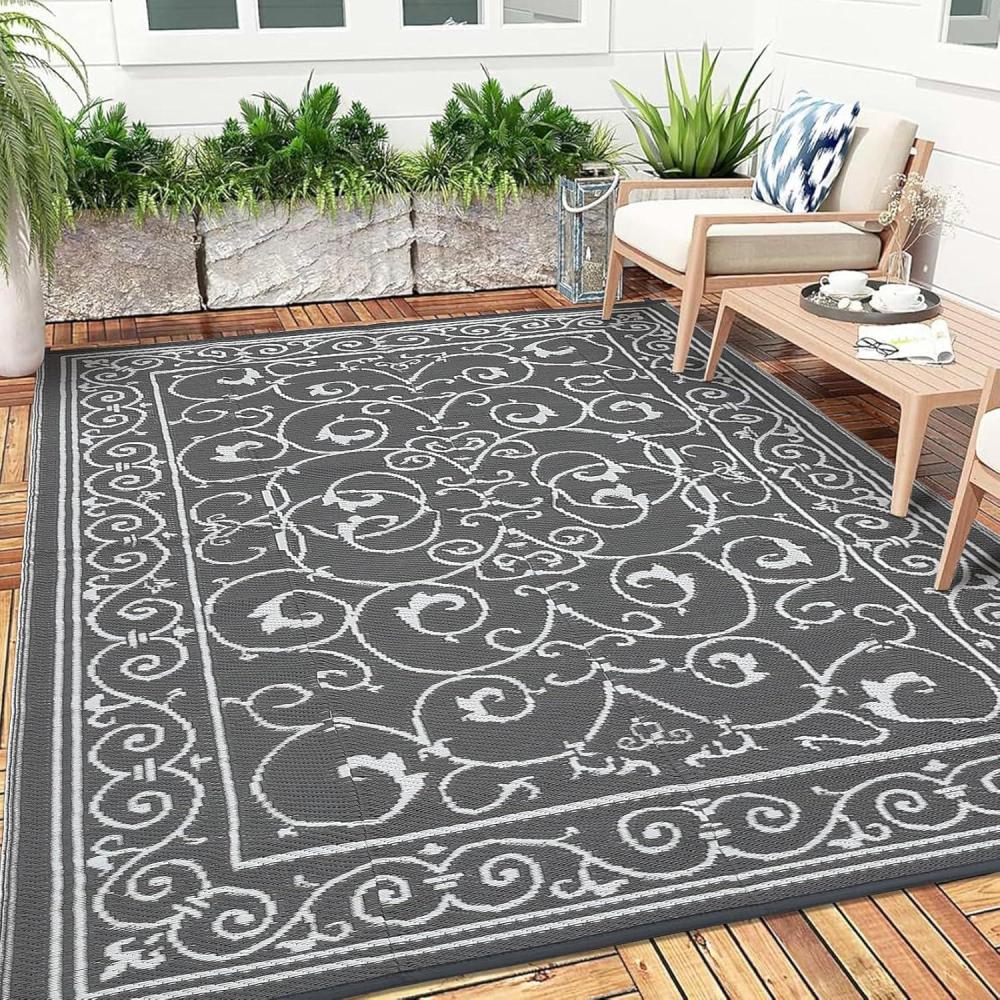 image:imageGarvee 9x12 Outdoor Rug for Patio Plastic Straw Rug Waterproof Reversible Mat Lightweight Foldable Carpet Easy Clean Large Rugs for Patio Porch Backyard Camping RV Beach Balcony Deck Panel Black BlueVintage Grey