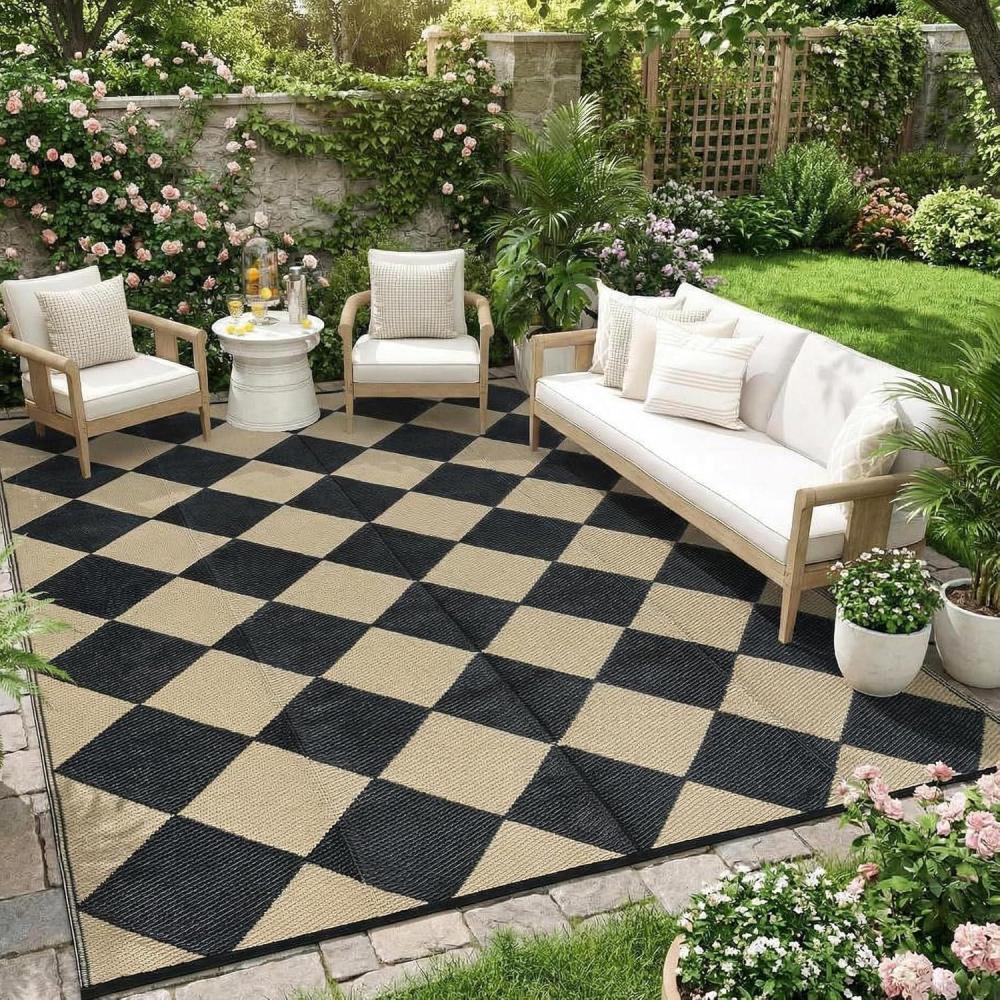 image:imageGarvee 9x12 Outdoor Rug for Patio Plastic Straw Rug Waterproof Reversible Mat Lightweight Foldable Carpet Easy Clean Large Rugs for Patio Porch Backyard Camping RV Beach Balcony Deck Panel Black BlueCheckered Beige