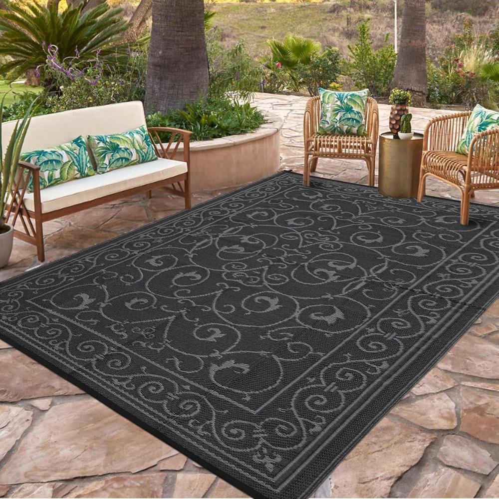 image:imageGarvee 9x12 Outdoor Rug for Patio Plastic Straw Rug Waterproof Reversible Mat Lightweight Foldable Carpet Easy Clean Large Rugs for Patio Porch Backyard Camping RV Beach Balcony Deck Panel Black BlueVintage Black