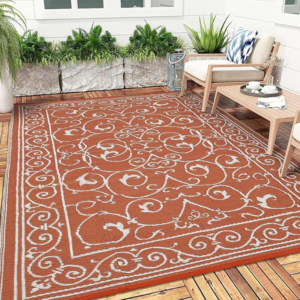 image:imageGarvee 9x12 Outdoor Rug for Patio Plastic Straw Rug Waterproof Reversible Mat Lightweight Foldable Carpet Easy Clean Large Rugs for Patio Porch Backyard Camping RV Beach Balcony Deck Panel Black BlueVintage Orange
