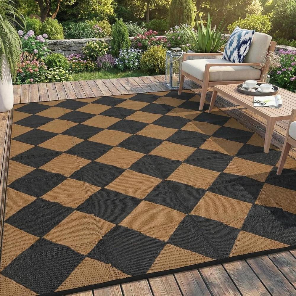 image:imageGarvee 9x12 Outdoor Rug for Patio Plastic Straw Rug Waterproof Reversible Mat Lightweight Foldable Carpet Easy Clean Large Rugs for Patio Porch Backyard Camping RV Beach Balcony Deck Panel Black BlueCheckered Brown