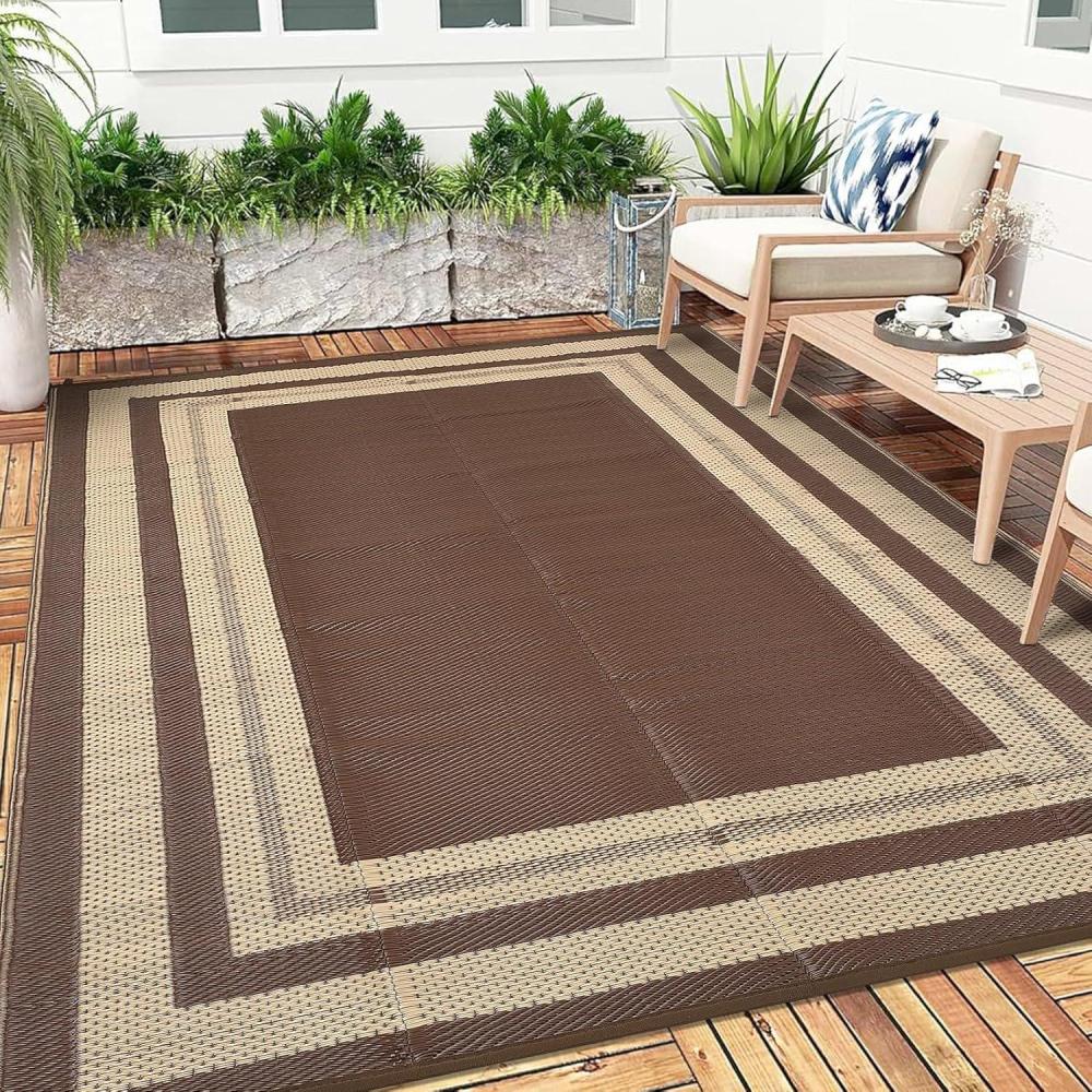 image:imageGarvee 9x12 Outdoor Rug for Patio Plastic Straw Rug Waterproof Reversible Mat Lightweight Foldable Carpet Easy Clean Large Rugs for Patio Porch Backyard Camping RV Beach Balcony Deck Panel Black BluePanel Coffee