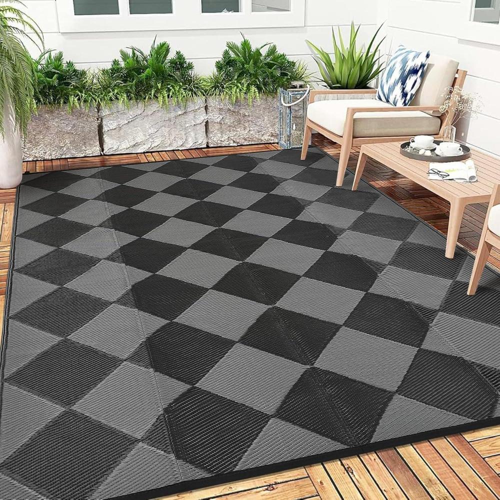 image:imageGarvee 9x12 Outdoor Rug for Patio Plastic Straw Rug Waterproof Reversible Mat Lightweight Foldable Carpet Easy Clean Large Rugs for Patio Porch Backyard Camping RV Beach Balcony Deck Panel Black BlueCheckered Black