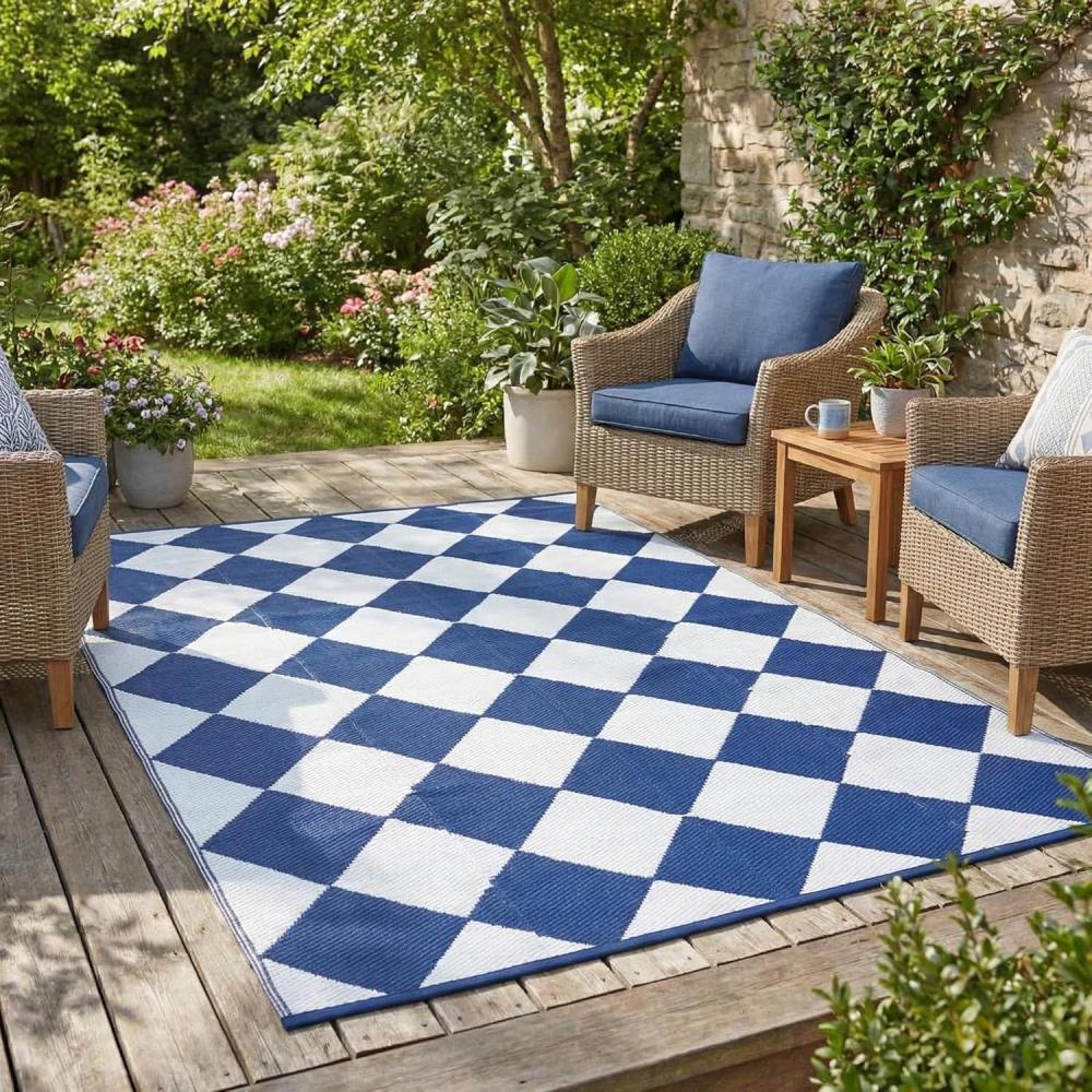 image:imageGarvee 9x12 Outdoor Rug for Patio Plastic Straw Rug Waterproof Reversible Mat Lightweight Foldable Carpet Easy Clean Large Rugs for Patio Porch Backyard Camping RV Beach Balcony Deck Panel Black BlueCheckered Navy