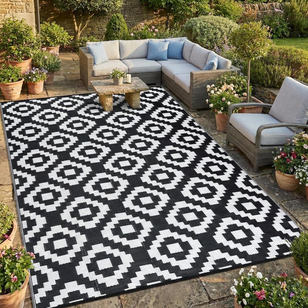 image:imageGarvee 9x12 Outdoor Rug for Patio Plastic Straw Rug Waterproof Reversible Mat Lightweight Foldable Carpet Easy Clean Large Rugs for Patio Porch Backyard Camping RV Beach Balcony Deck Panel Black BlueSquare White