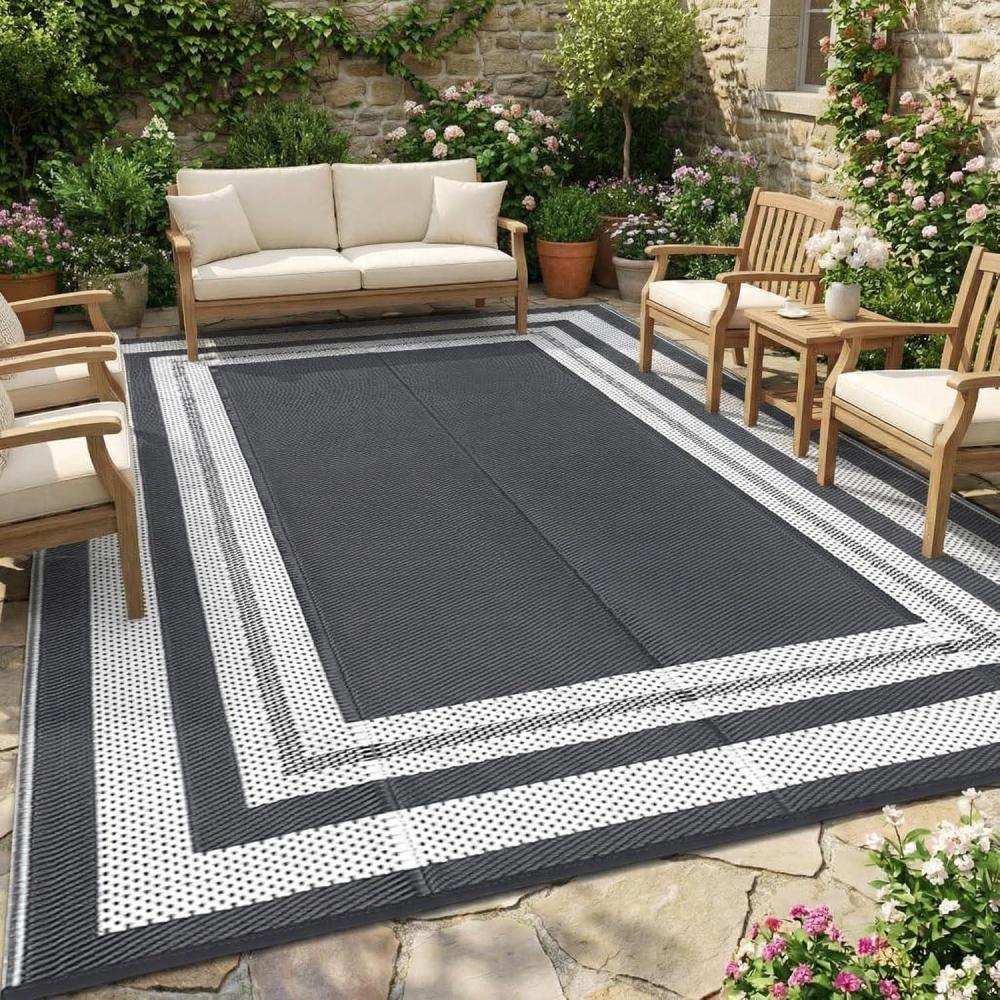 image:imageGarvee 9x12 Outdoor Rug for Patio Plastic Straw Rug Waterproof Reversible Mat Lightweight Foldable Carpet Easy Clean Large Rugs for Patio Porch Backyard Camping RV Beach Balcony Deck Panel Black BluePanel Grey