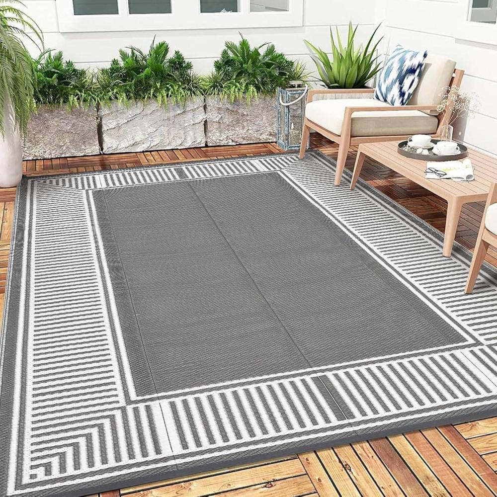 image:imageGarvee 9x12 Outdoor Rug for Patio Plastic Straw Rug Waterproof Reversible Mat Lightweight Foldable Carpet Easy Clean Large Rugs for Patio Porch Backyard Camping RV Beach Balcony Deck Panel Black BlueBorder Grey