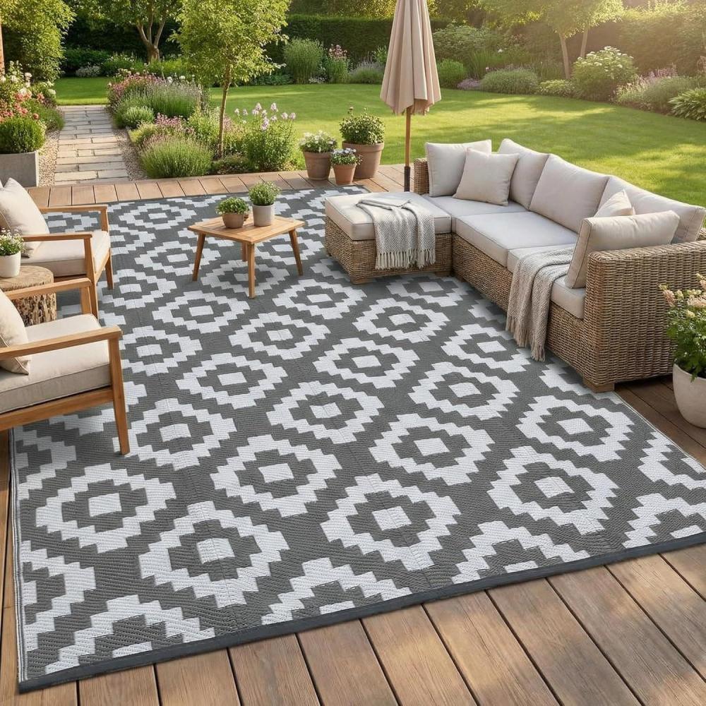 image:imageGarvee 9x12 Outdoor Rug for Patio Plastic Straw Rug Waterproof Reversible Mat Lightweight Foldable Carpet Easy Clean Large Rugs for Patio Porch Backyard Camping RV Beach Balcony Deck Panel Black BlueSquare Grey