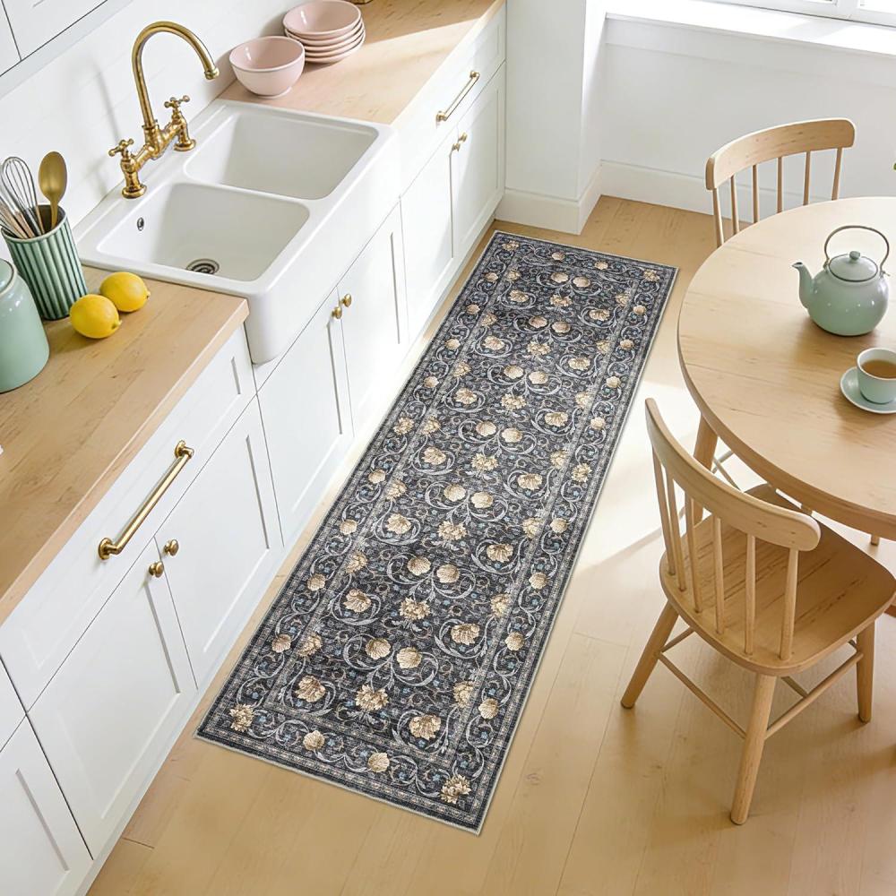 image:imageGarvee Area Rug 8x10 Living Room Rugs Washable Vintage Floral Print Non Slip Bedroom Rug Low Pile Ultra Thin Stain Resistant Under Table Carpet for Dining Room Office Dark GreyBordered Floraldark Grey