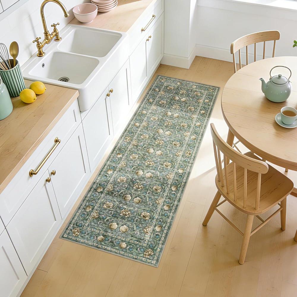 image:imageGarvee Area Rug 8x10 Living Room Rugs Washable Vintage Floral Print Non Slip Bedroom Rug Low Pile Ultra Thin Stain Resistant Under Table Carpet for Dining Room Office Dark GreyBordered Floralgreen