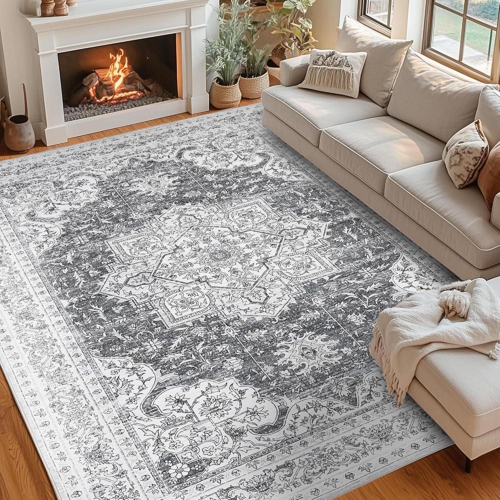 image:imageGarvee Boho Area Rug for Living Room 5x7 Washable Low Pile Rug with NonSlip Backing Vintage Floral Rugs for Living Room Bedroom Dining Room Light BlueGrey