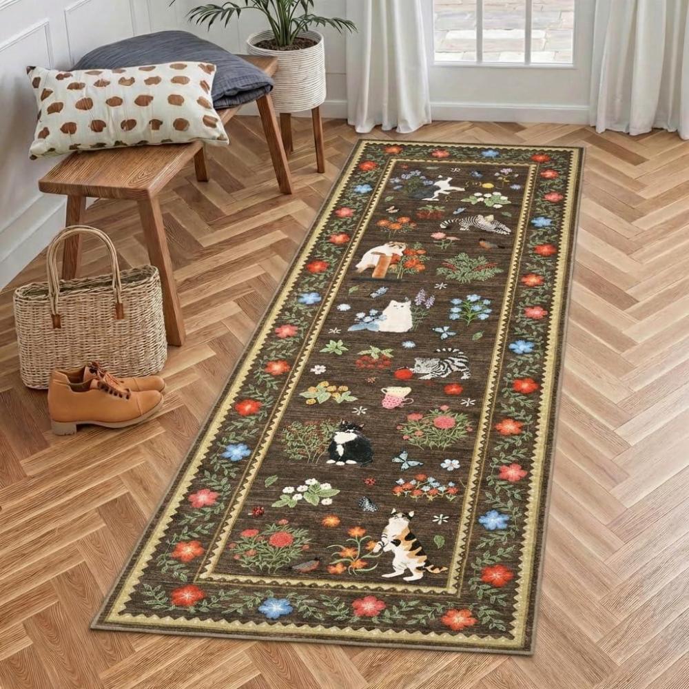 image:imageGarvee Cat Area Rug Living Room 5x7 Rugs for Kids Room Modern Floral Animal Print Throw Rugs Washbale Non Slip Non Shedding Farmhouse Carpet Stain Resistant Soft Mats for Bedroom Dining Room BlackCatbrown
