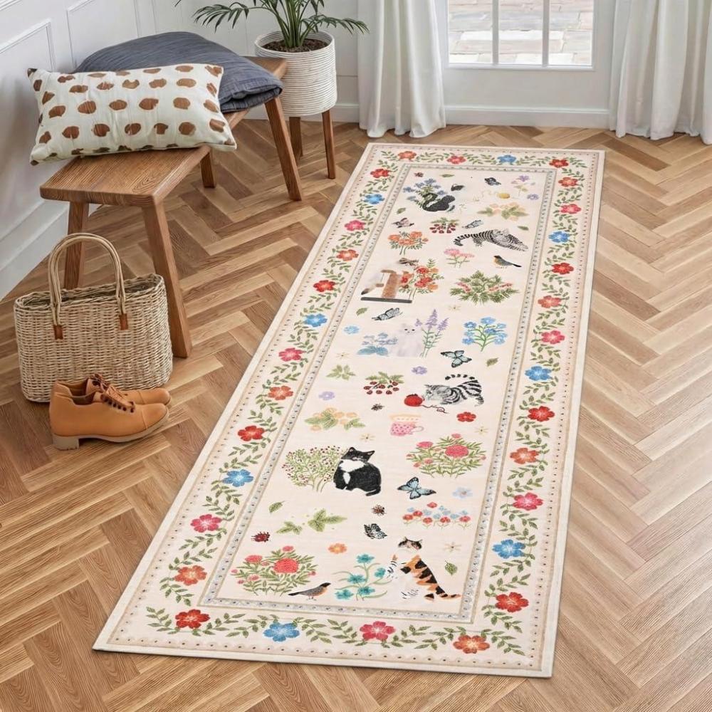 image:imageGarvee Cat Area Rug Living Room 5x7 Rugs for Kids Room Modern Floral Animal Print Throw Rugs Washbale Non Slip Non Shedding Farmhouse Carpet Stain Resistant Soft Mats for Bedroom Dining Room BlackCatbeige