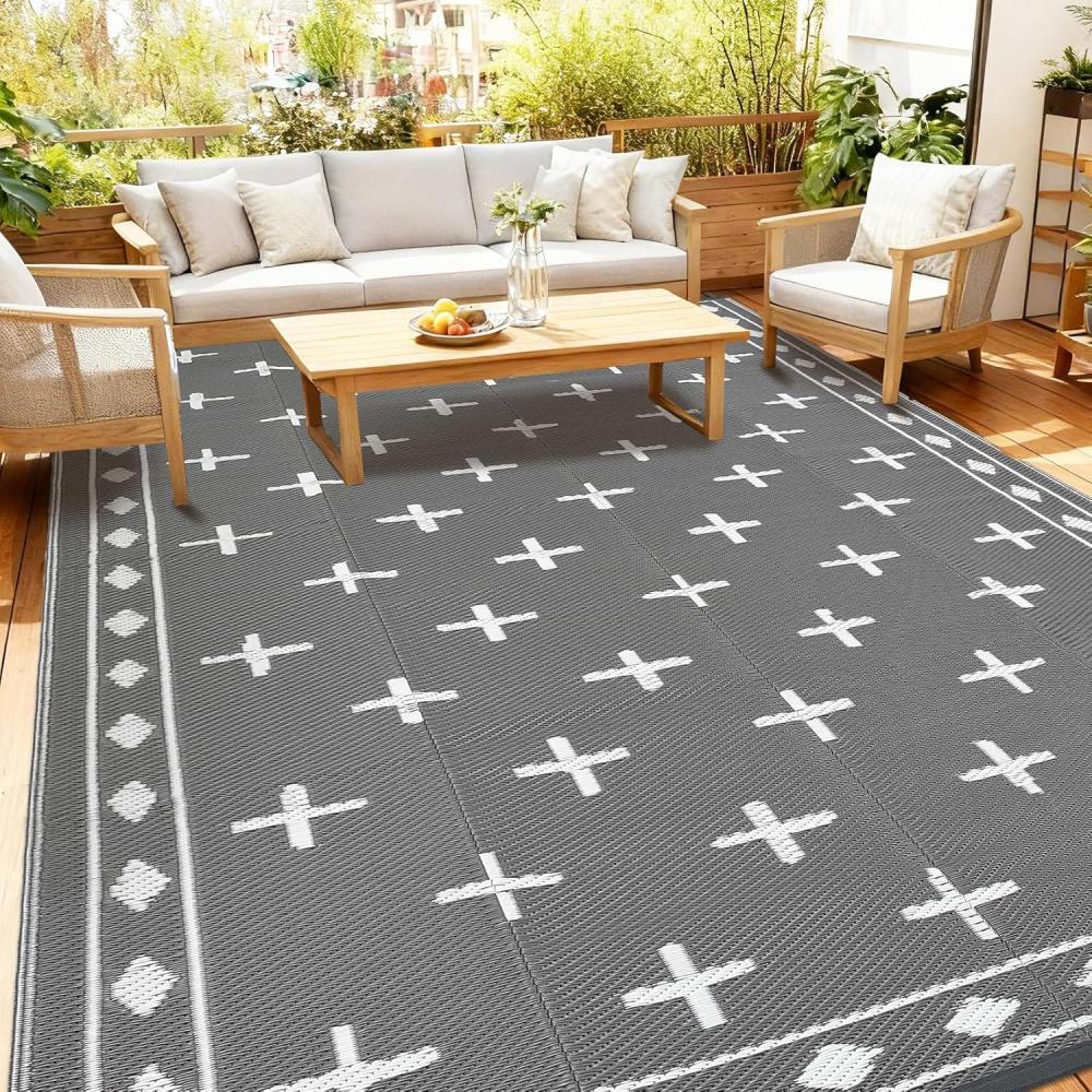 image:imageGarvee Geometric Outdoor Rug 9x12 Reversible Waterproof Plastic Straw Area Mat for Patio RV Awning Garden Deck Balcony Camping and BeachBlack WhiteGrey