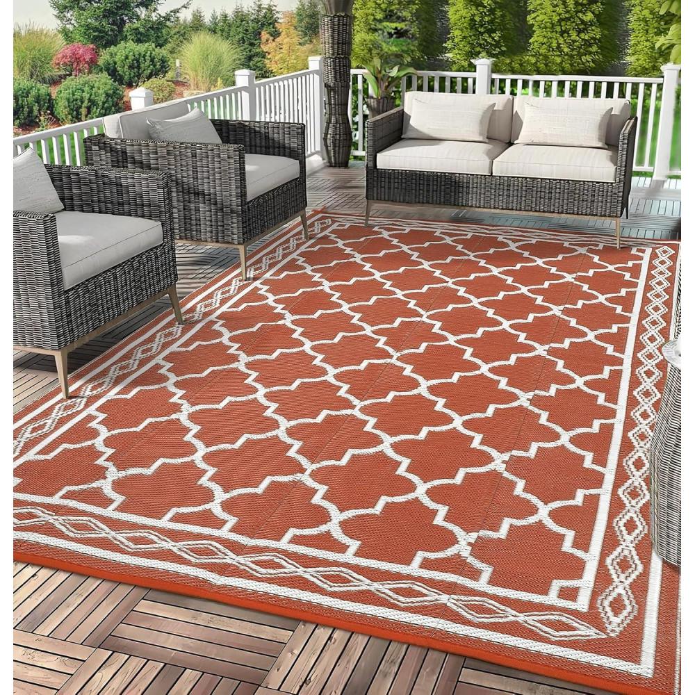 image:imageGarvee Large Outdoor Rugs 9x18 Waterproof Reversible Outdoor Plastic Straw Rugs Easy Cleaning Patio Camping Carpet AllWeather Outside Rugs for RV Patio Porch Deck Balcony Brick redWhite
