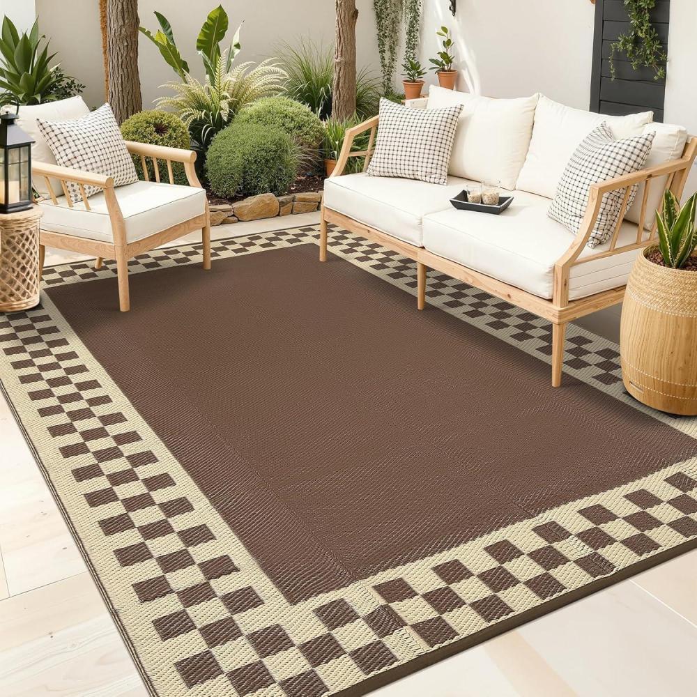image:imageGarvee Outdoor Rug 9x12 Waterproof Reversible Patio Rug Modern Geometric Outdoor Carpet FadeProof amp Weather Resistant Minimalist RV Picnic Camping Mat for Garden Backyard BalconyGray amp BlackBrown  Beige